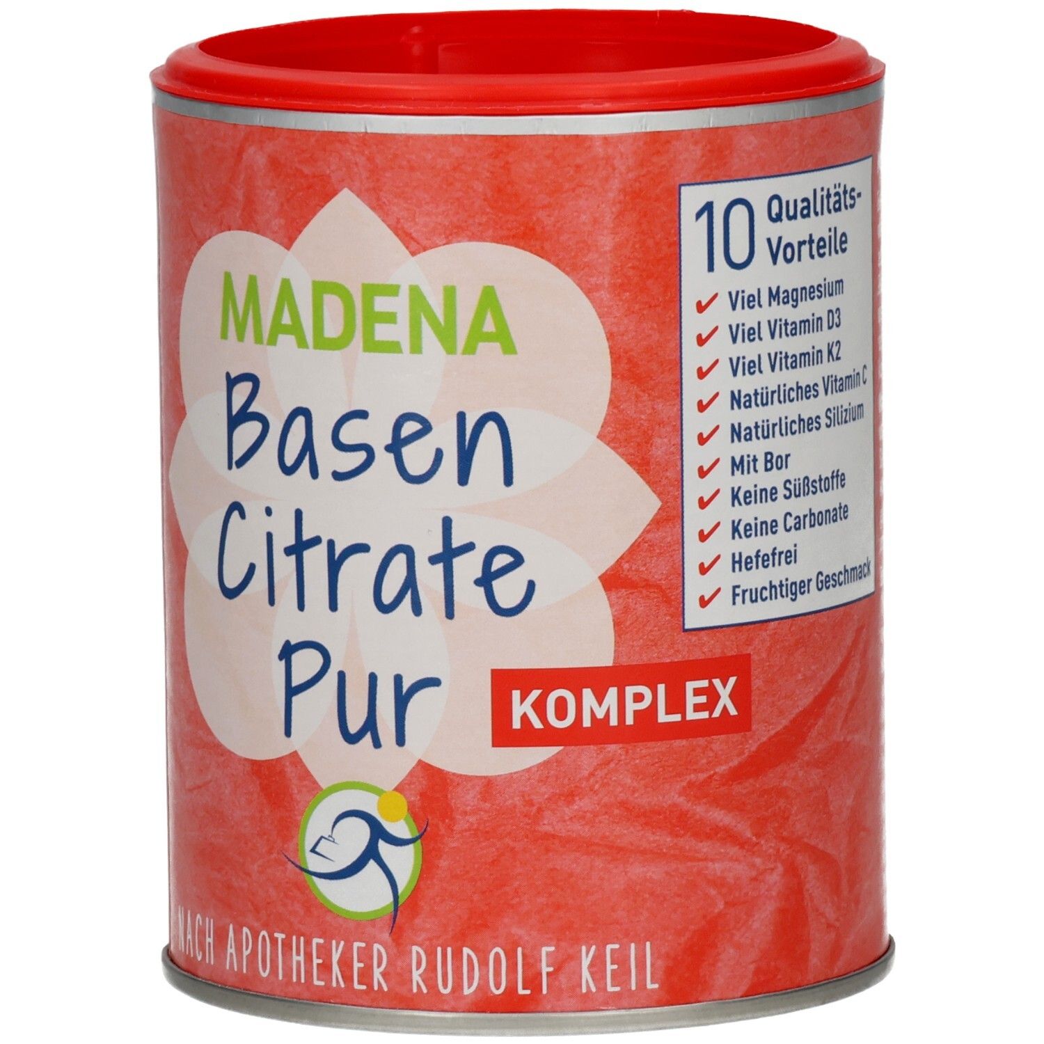Rote Dose mit Deckel. Aufschrift: MADENA Basen Citrate Pur Komplex. 10 Qualitätsvorteile.
