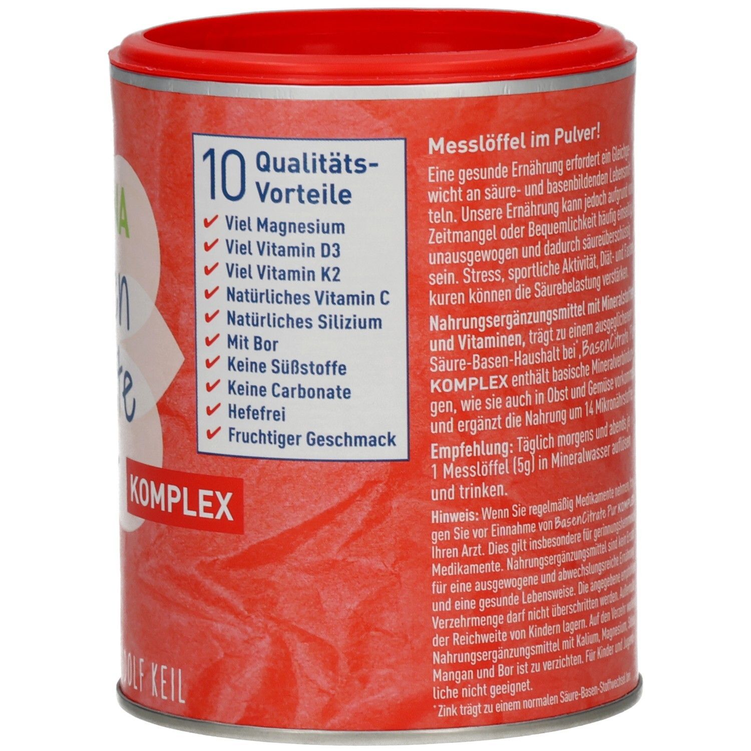 Rückseite der Dose. 10 Qualitätsvorteile. Text: Messlöffel im Pulver, Nährwertangaben.