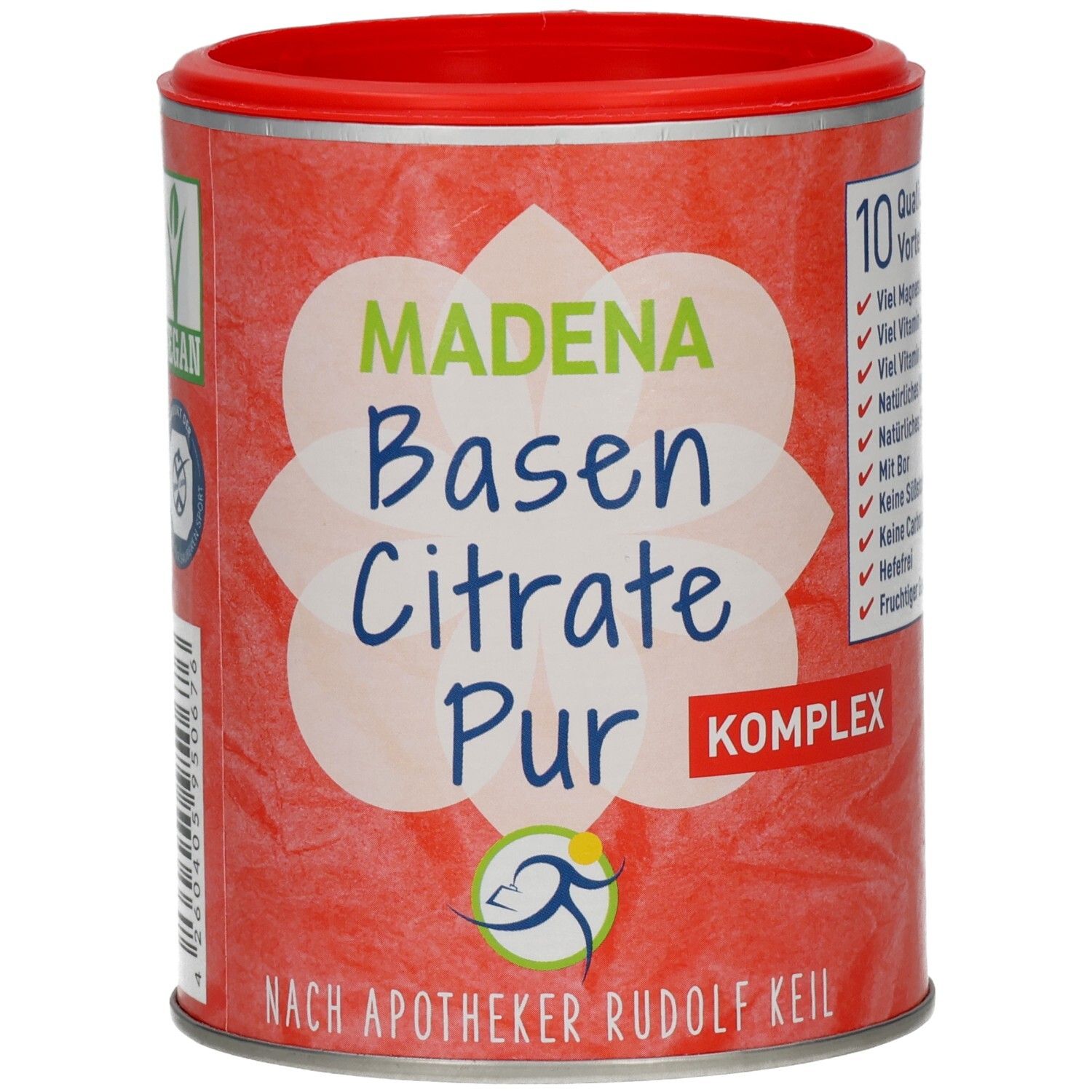 Rote Dose mit Deckel. Aufschrift: MADENA Basen Citrate Pur Komplex. Apotheker-Logo. 10 Qualitätsvorteile.