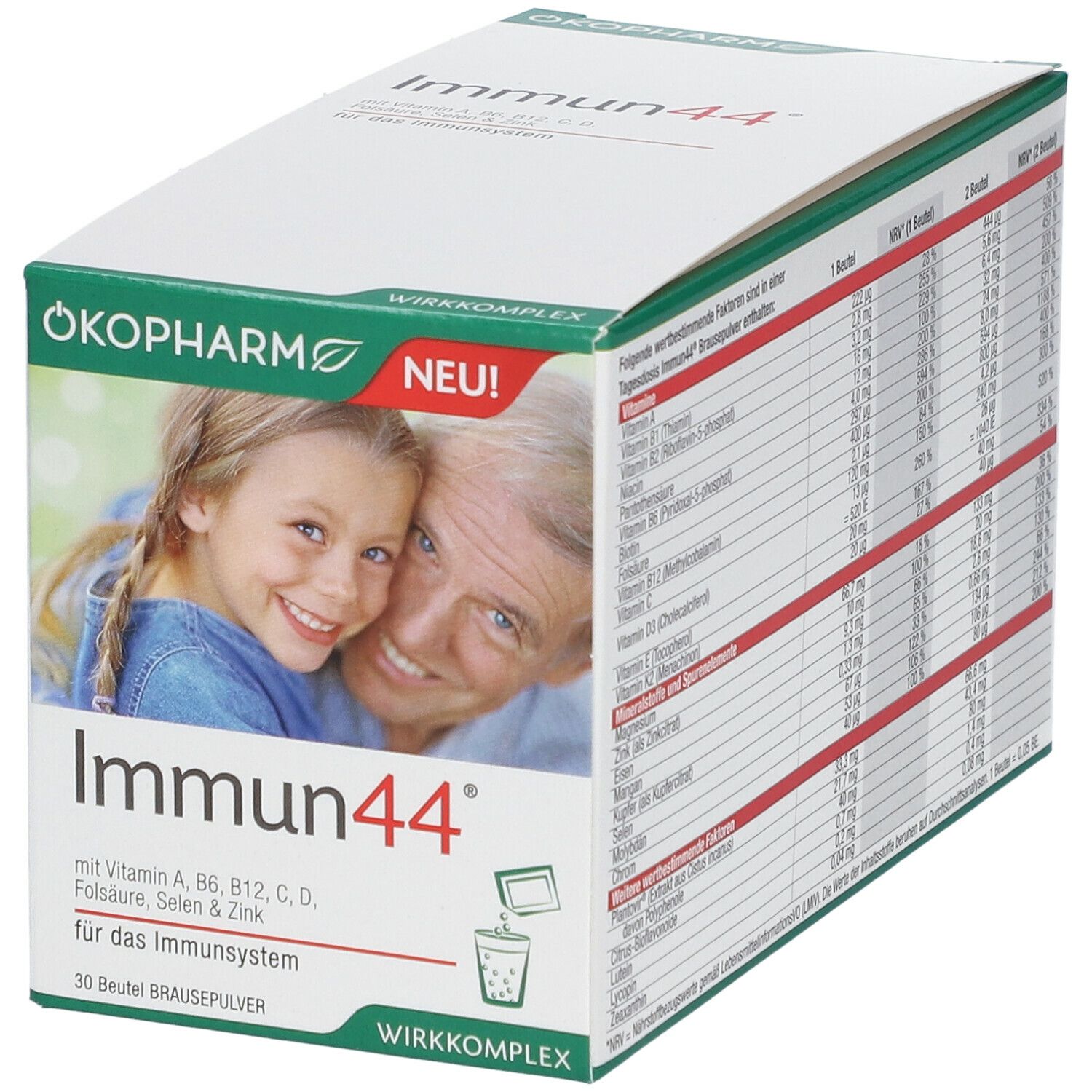 Karton von ÖKOPHARM® Immun44® Brausepulver. Vorderseite mit Logo, Produktname, Bild von Frau und Kind. Enthält 30 Beutel.