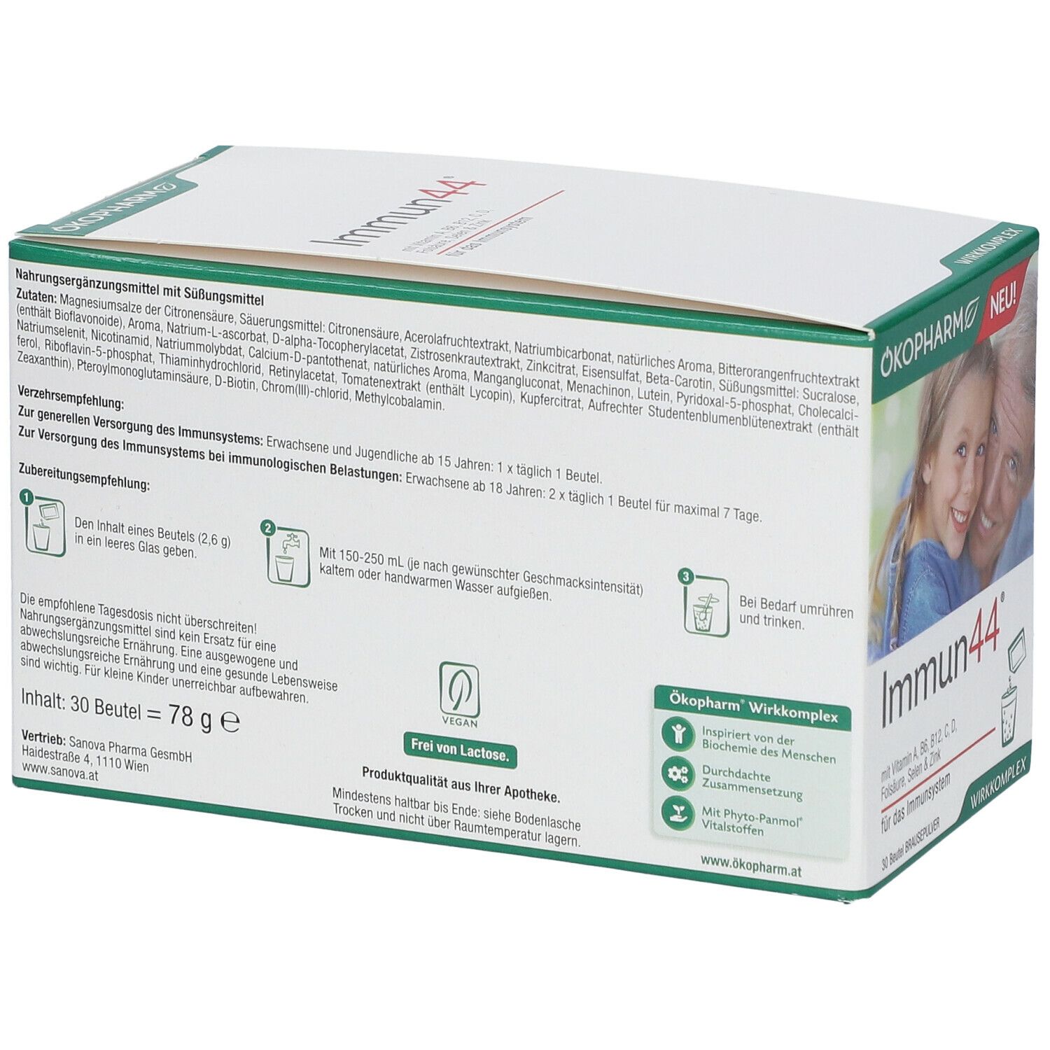 Rückseite der ÖKOPHARM® Immun44® Brausepulver-Verpackung. Enthält Zutatenliste, Zubereitungshinweise und Informationen zur Anwendung.