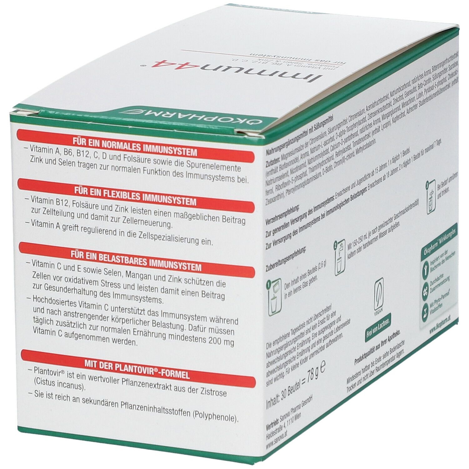 Seitenansicht der ÖKOPHARM® Immun44® Brausepulver-Verpackung. Textabschnitte über die Vorteile für das Immunsystem und die Plantovir-Formel.