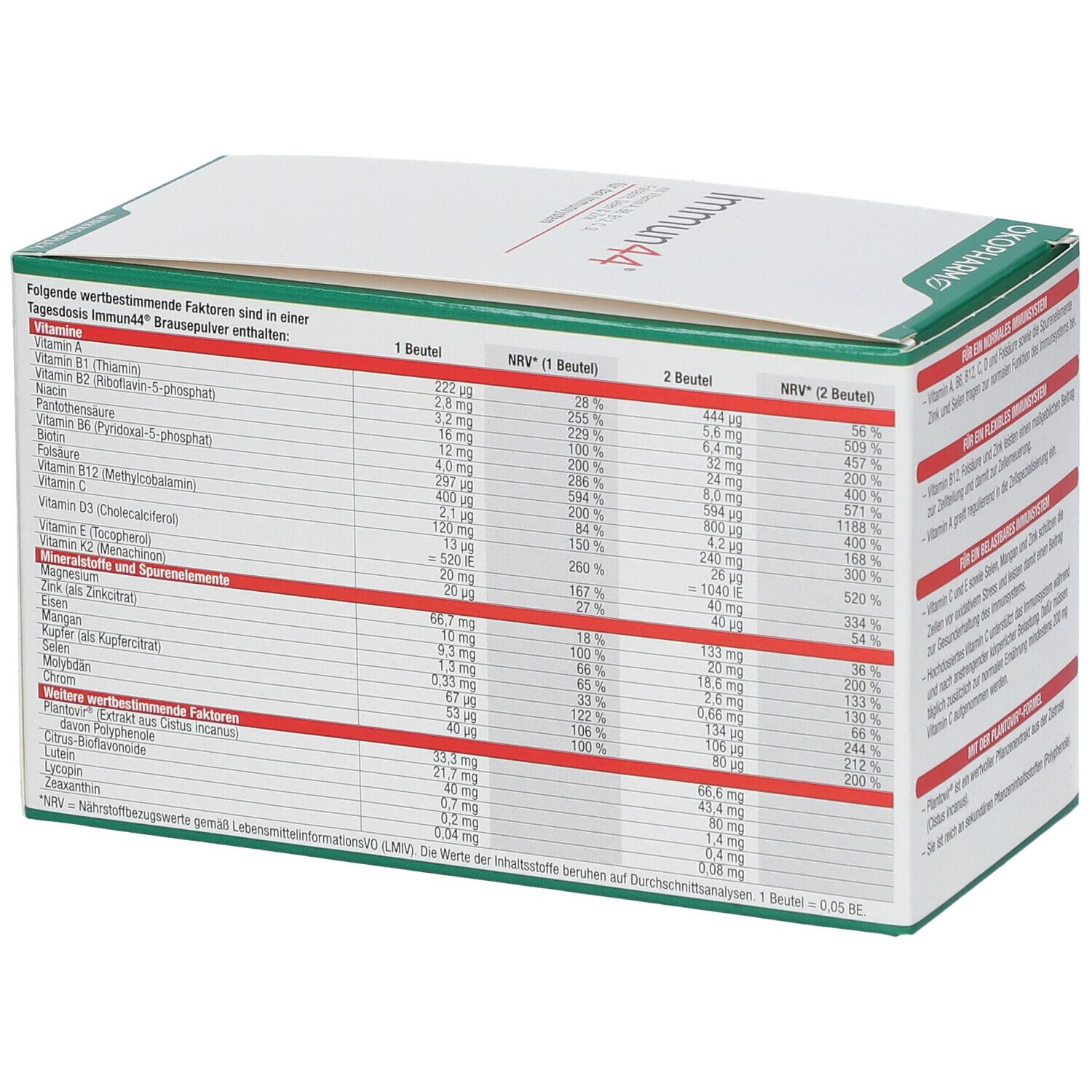 Detailansicht der ÖKOPHARM® Immun44® Brausepulver-Verpackung. Nährwerttabelle mit Vitaminen und Mineralstoffen pro Beutel.