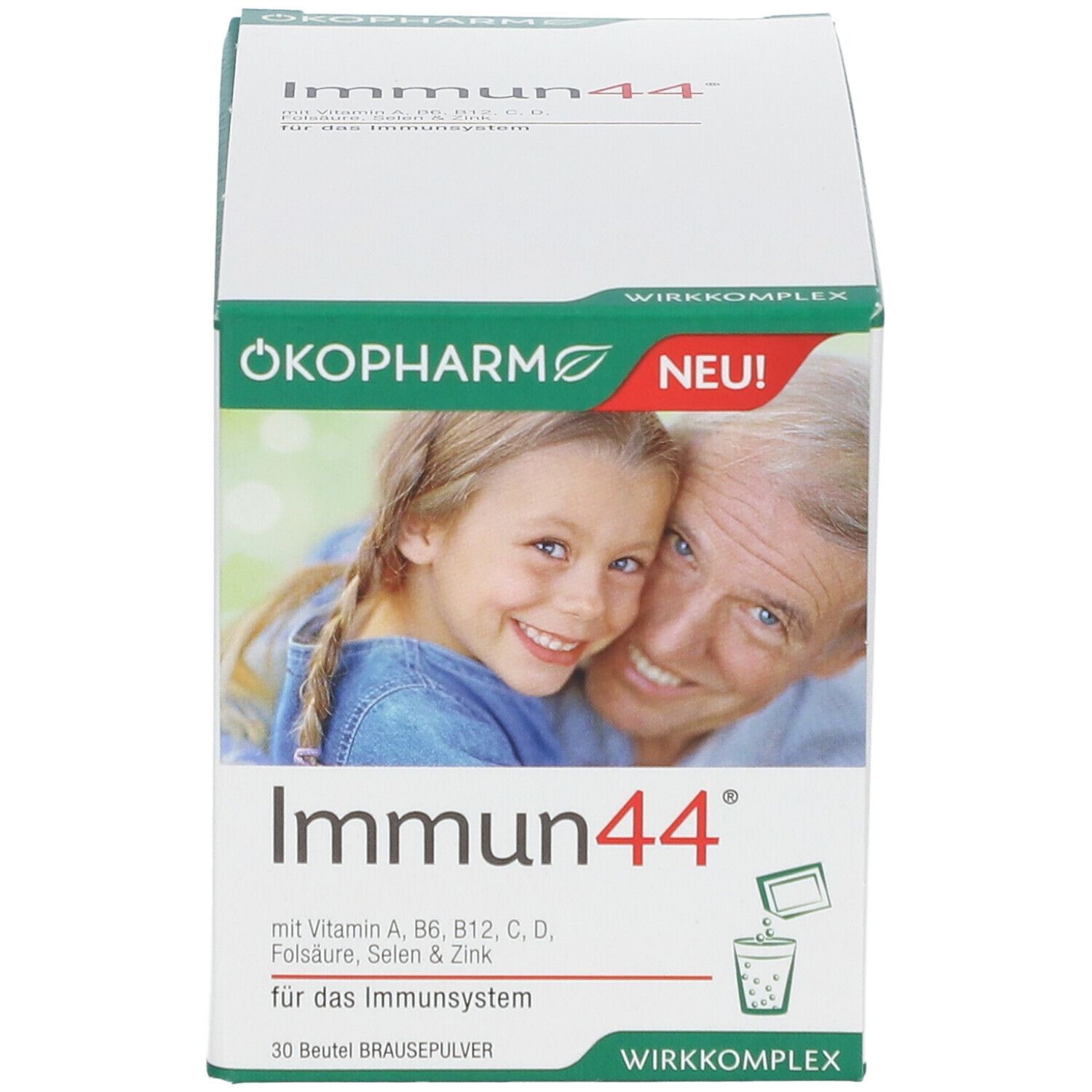 Vorderansicht der ÖKOPHARM® Immun44® Brausepulver-Verpackung. Logo, Produktname, Bild von Frau und Kind. Enthält 30 Beutel.