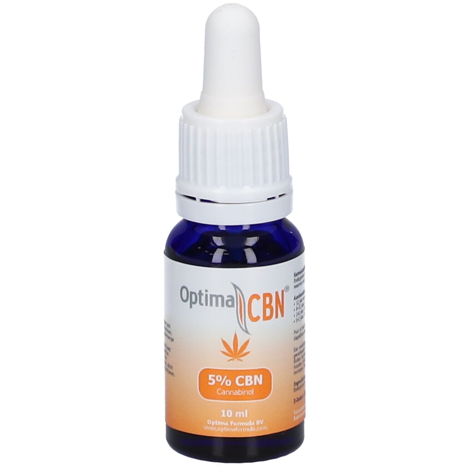 Blaues Glasfläschchen mit weißem Deckel und Pipette. Aufschrift Optima CBN, 5% CBN Cannabinol, 10 ml.
