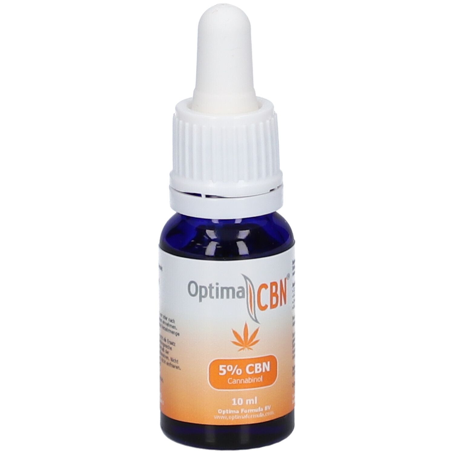Blaues Glasfläschchen mit weißem Deckel und Pipette. Aufschrift Optima CBN, 5% CBN Cannabinol, 10 ml. Text auf Etikett.