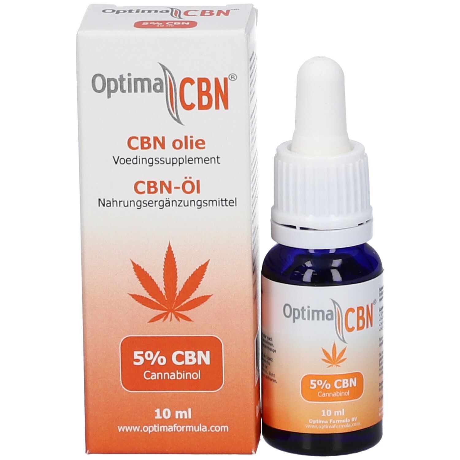 Produktflasche und Verpackung. Aufschrift Optima CBN, CBN Öl, 5% CBN Cannabinol, 10 ml.