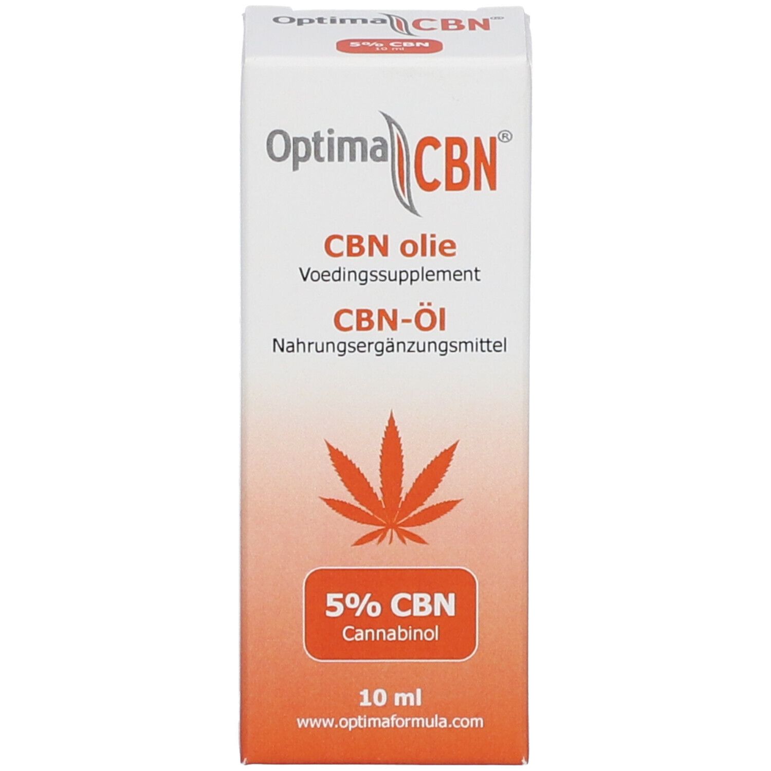 Produktverpackung. Aufschrift Optima CBN, CBN Öl, 5% CBN Cannabinol, 10 ml.