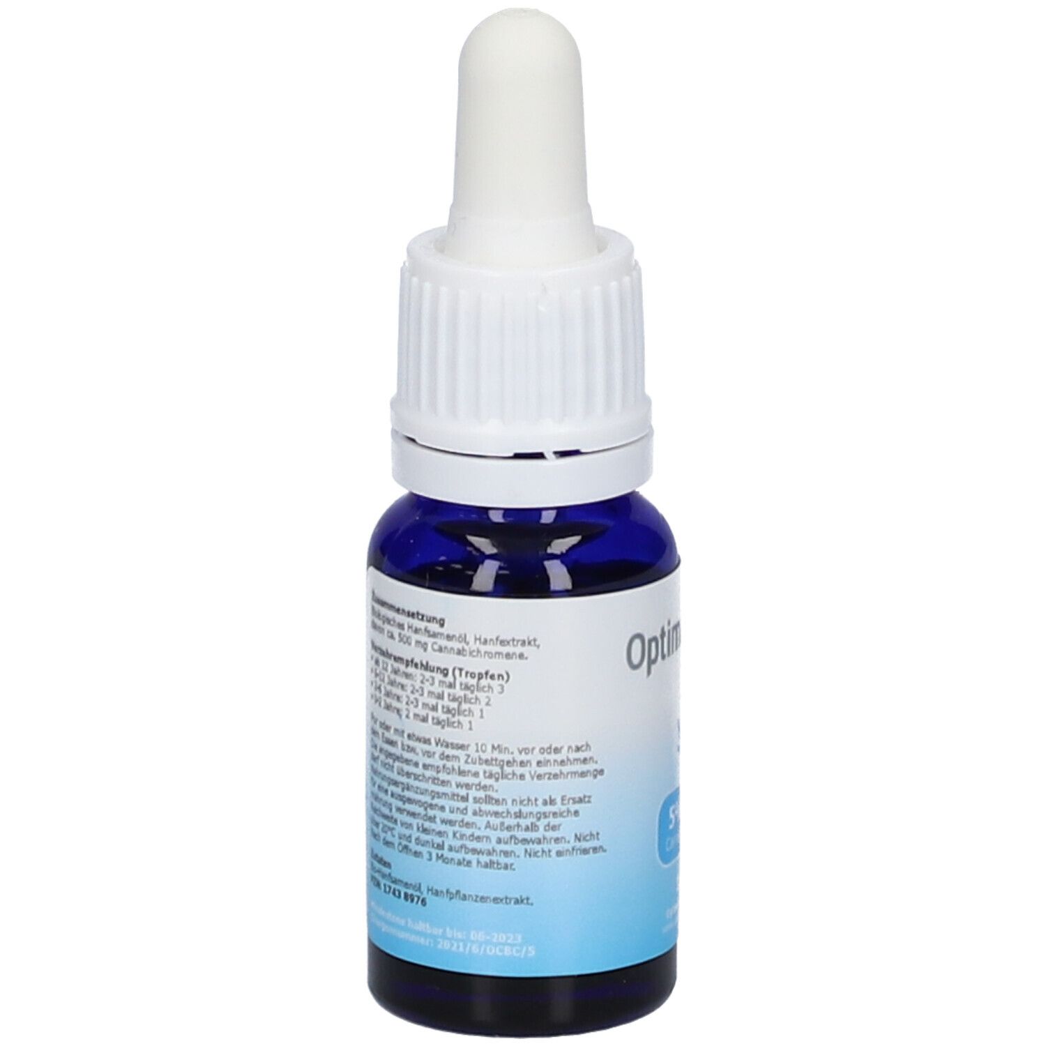 Blaue Glasflasche mit weißem Tropfer. Aufschrift Optima CBC, 5% CBC, Cannabichromene, 10 ml. Rückseite mit Text.