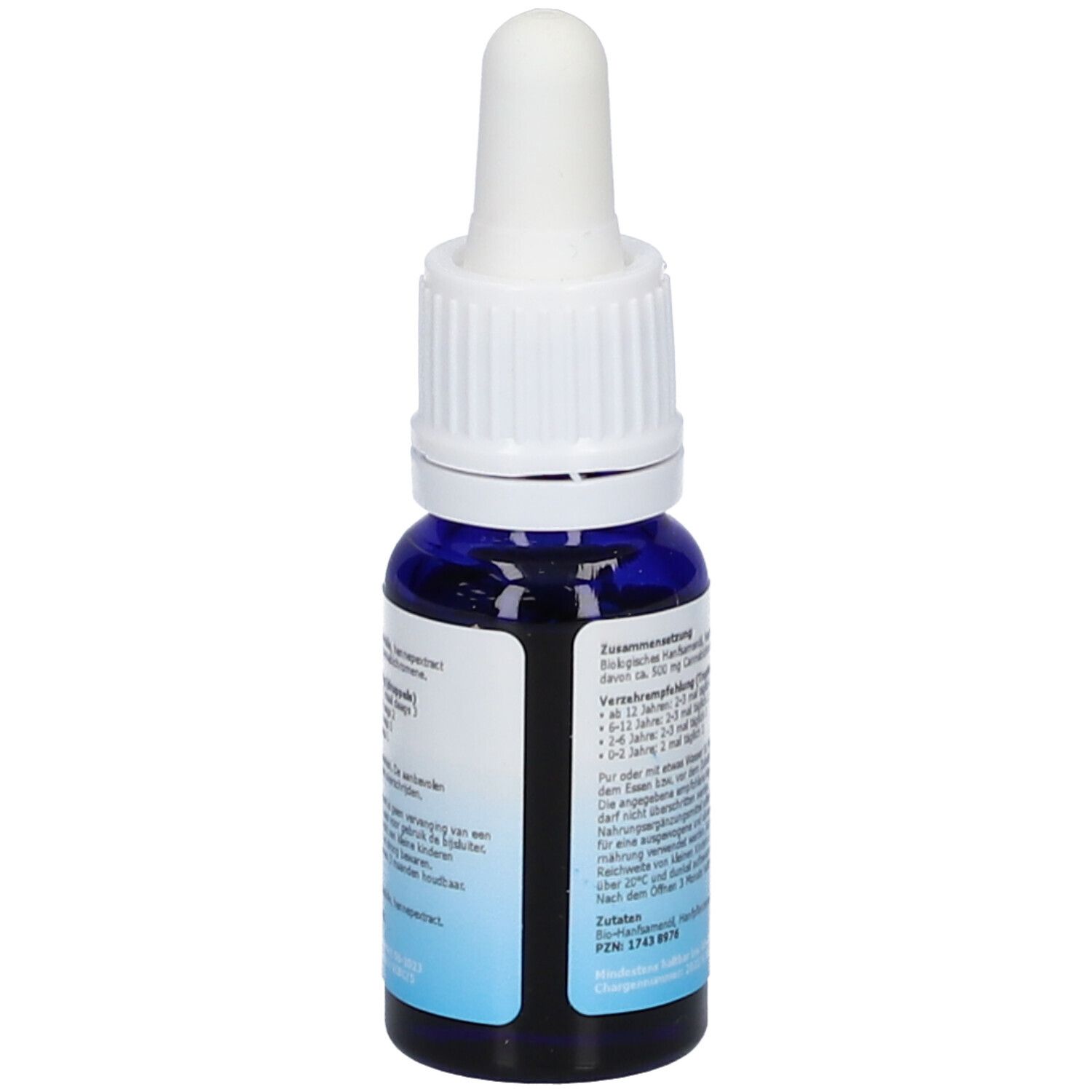 Blaue Glasflasche mit weißem Tropfer. Aufschrift Optima CBC, 5% CBC, Cannabichromene, 10 ml. Rückseite mit Text.