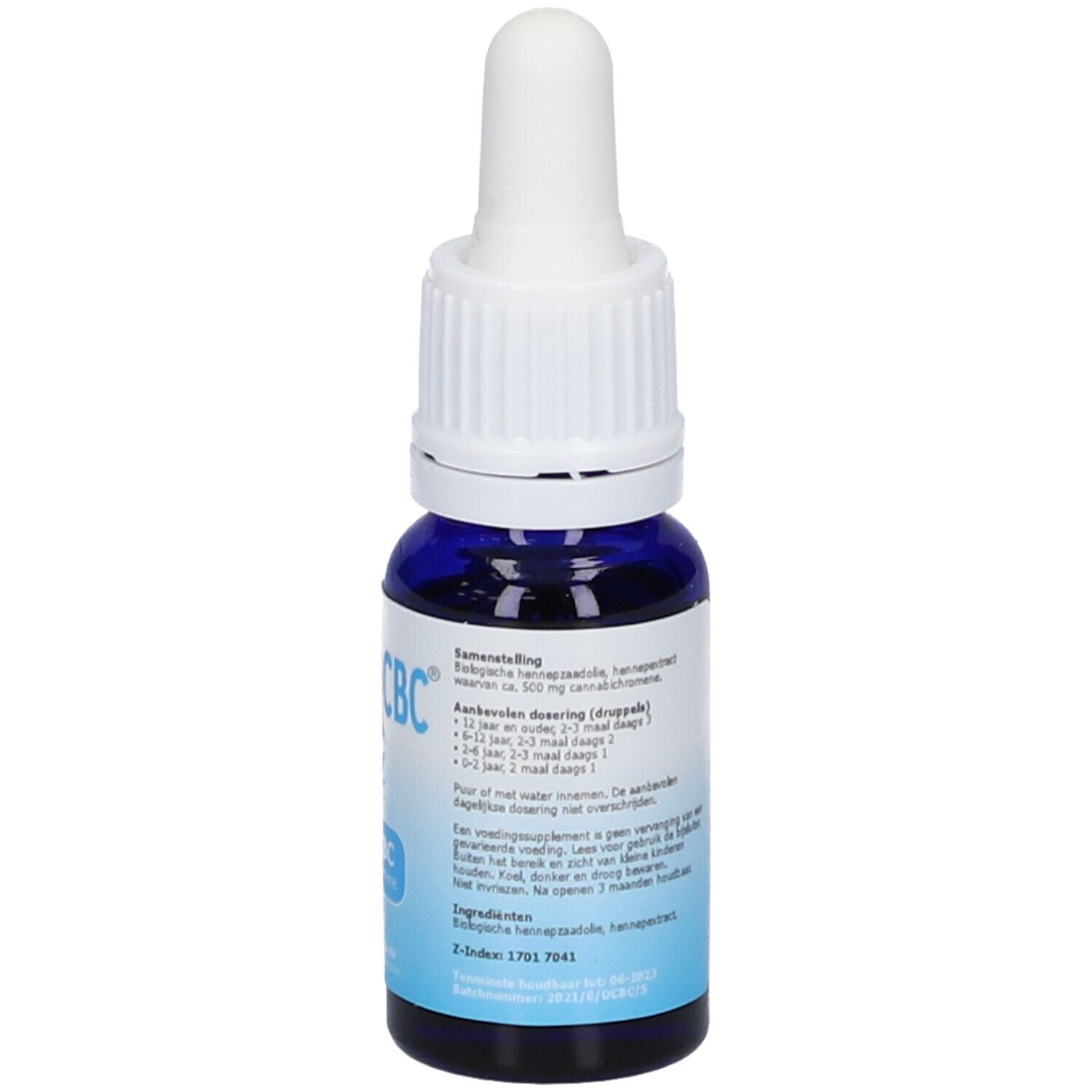 Blaue Glasflasche mit weißem Tropfer. Aufschrift Optima CBC, 5% CBC, Cannabichromene, 10 ml. Rückseite mit Text.