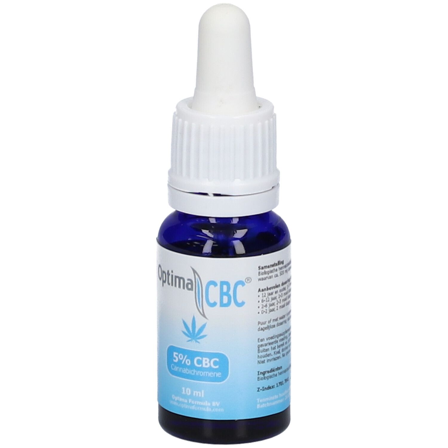Blaue Glasflasche mit weißem Tropfer. Aufschrift Optima CBC, 5% CBC, Cannabichromene, 10 ml.
