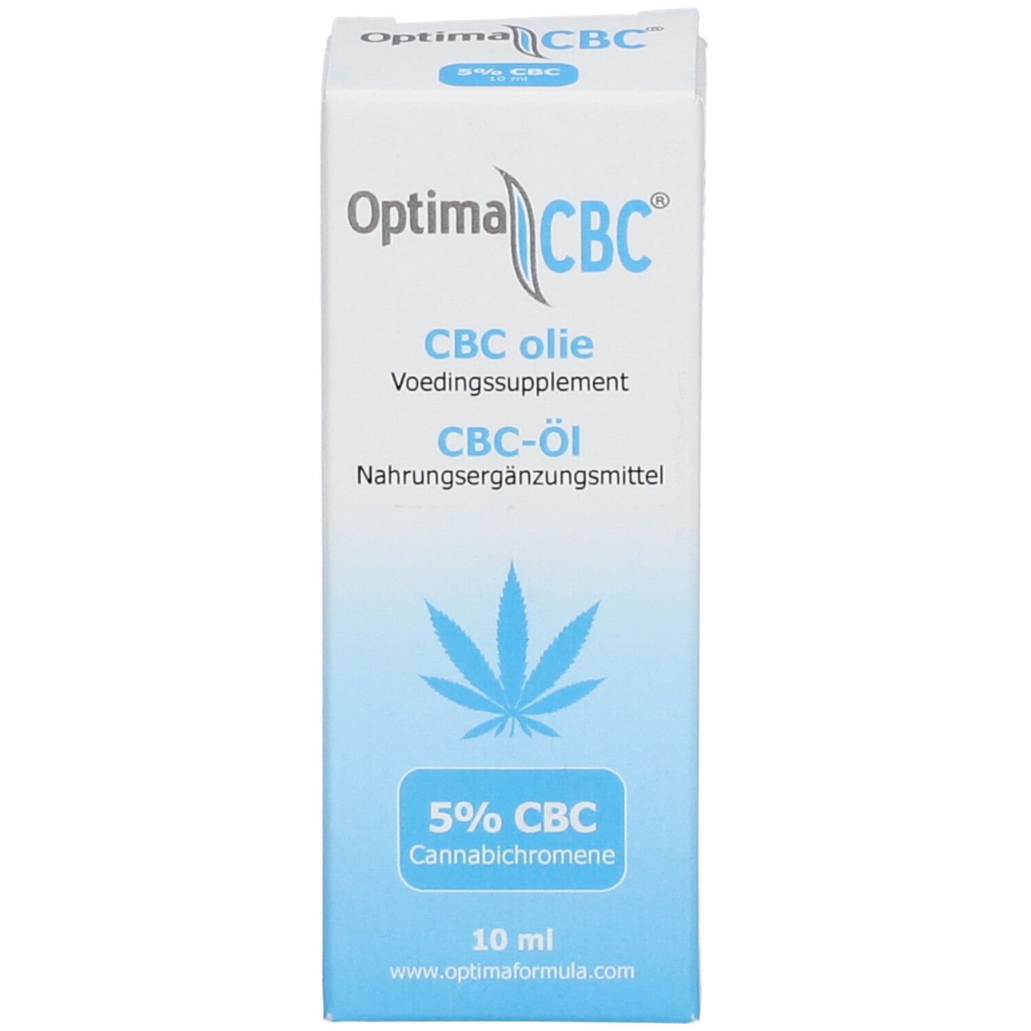 Verpackung Optima CBC. Aufschrift Optima CBC, 5% CBC, Cannabichromene, 10 ml.