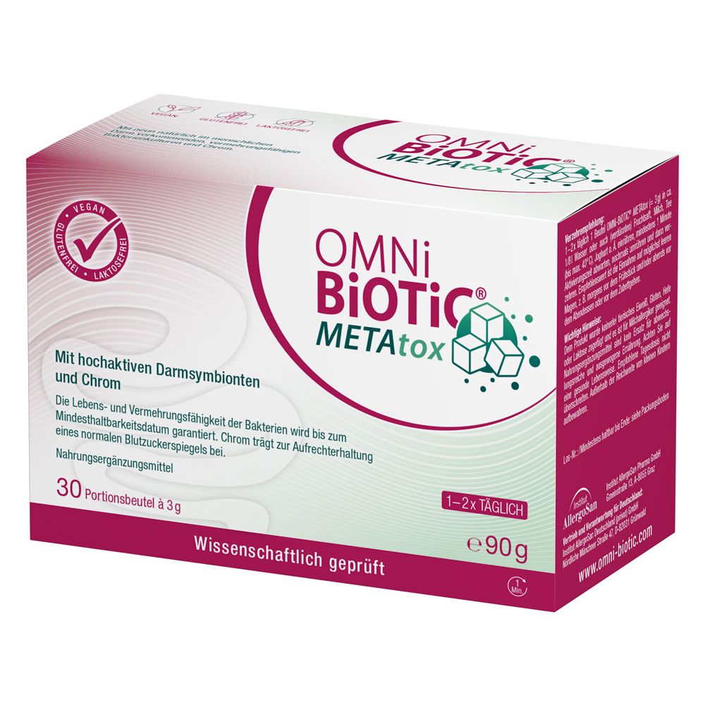 OMNI BiOTiC® METAtox Kartonverpackung, Vorderseite mit Produktnamen, Inhaltsangabe und Siegeln (Vegan, Laktosefrei).
