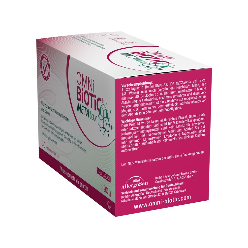 OMNI BiOTiC® METAtox Kartonverpackung, Seitenansicht mit Verzehrempfehlung und wichtigen Hinweisen.