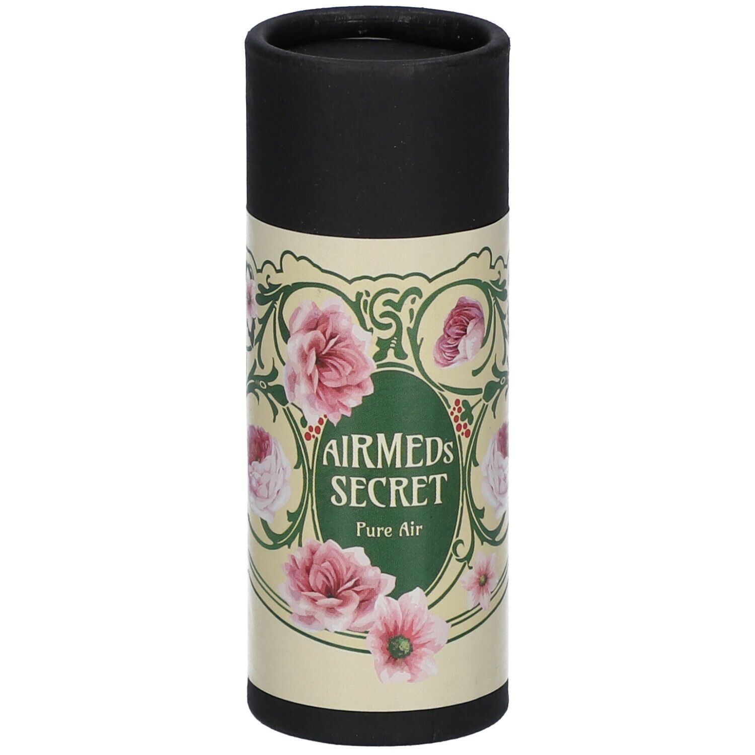 Zylindrische Verpackung mit floralem Design und dem Schriftzug "AIRMEDS SECRET Pure Air". Schwarzer Deckel.