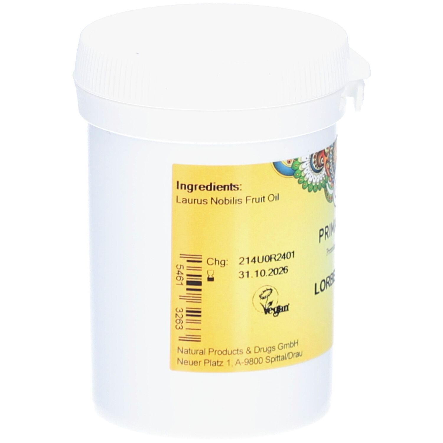 Weißer Tiegel mit Deckel. Aufkleber mit Zutaten, Chargennummer und Haltbarkeitsdatum. Vegan-Siegel.