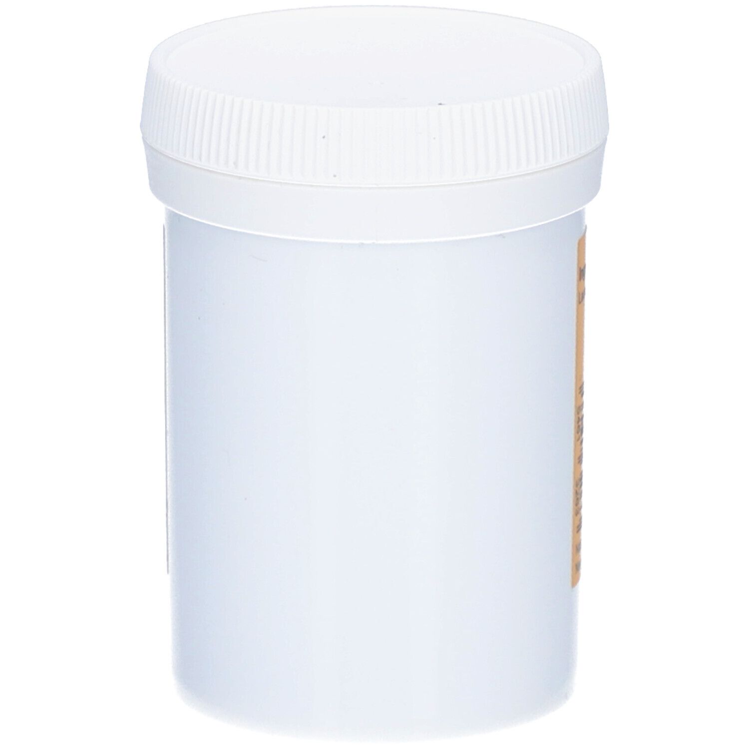 Weißer Tiegel mit Deckel. Aufkleber teilweise sichtbar. Keine weiteren Details erkennbar.