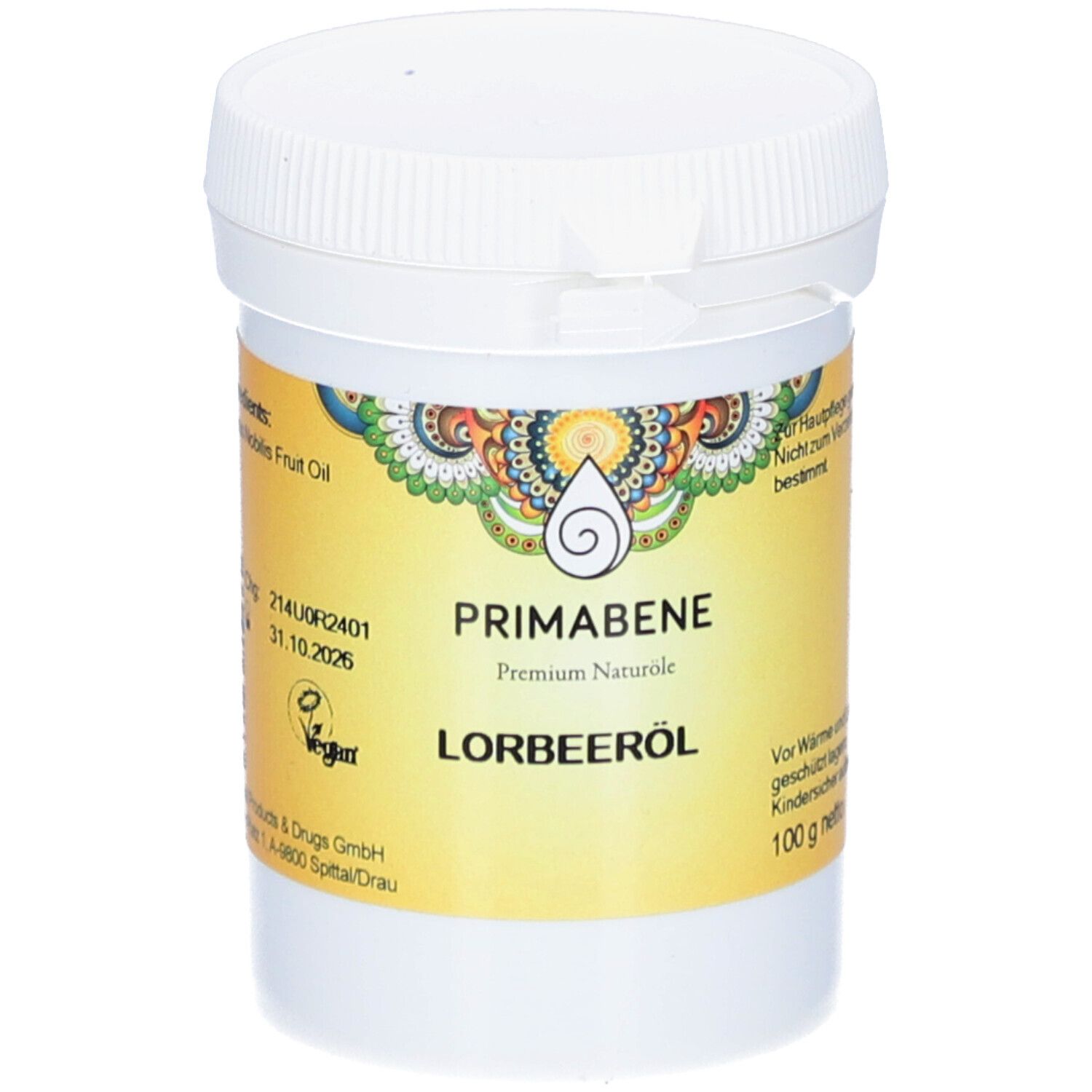 Weißer Tiegel mit Deckel. Aufkleber mit PRIMABENE Lorbeeröl, gelbem Hintergrund und Logo. Vegan-Siegel.
