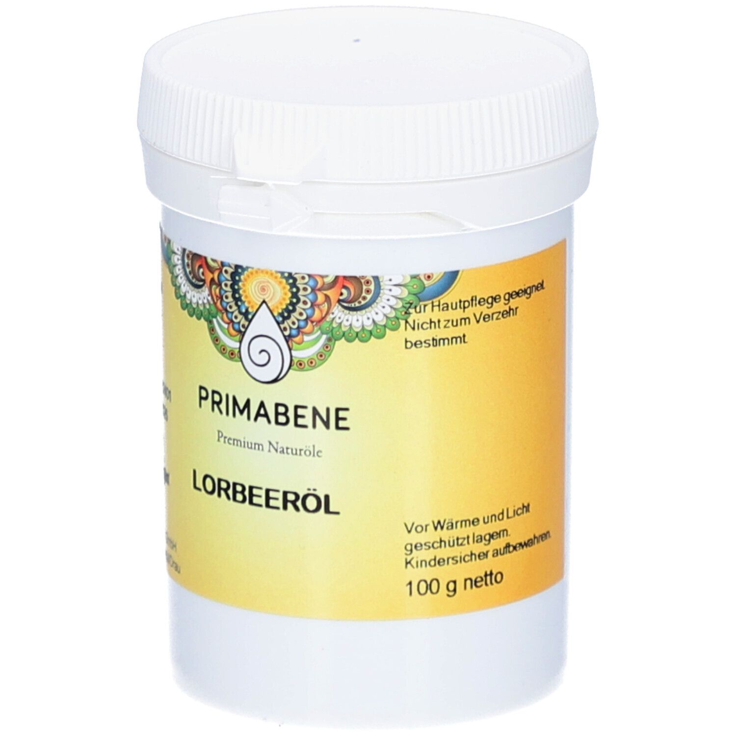 Weißer Tiegel mit Deckel. Aufkleber mit PRIMABENE Lorbeeröl, gelbem Hintergrund und Logo. Vegan-Siegel.