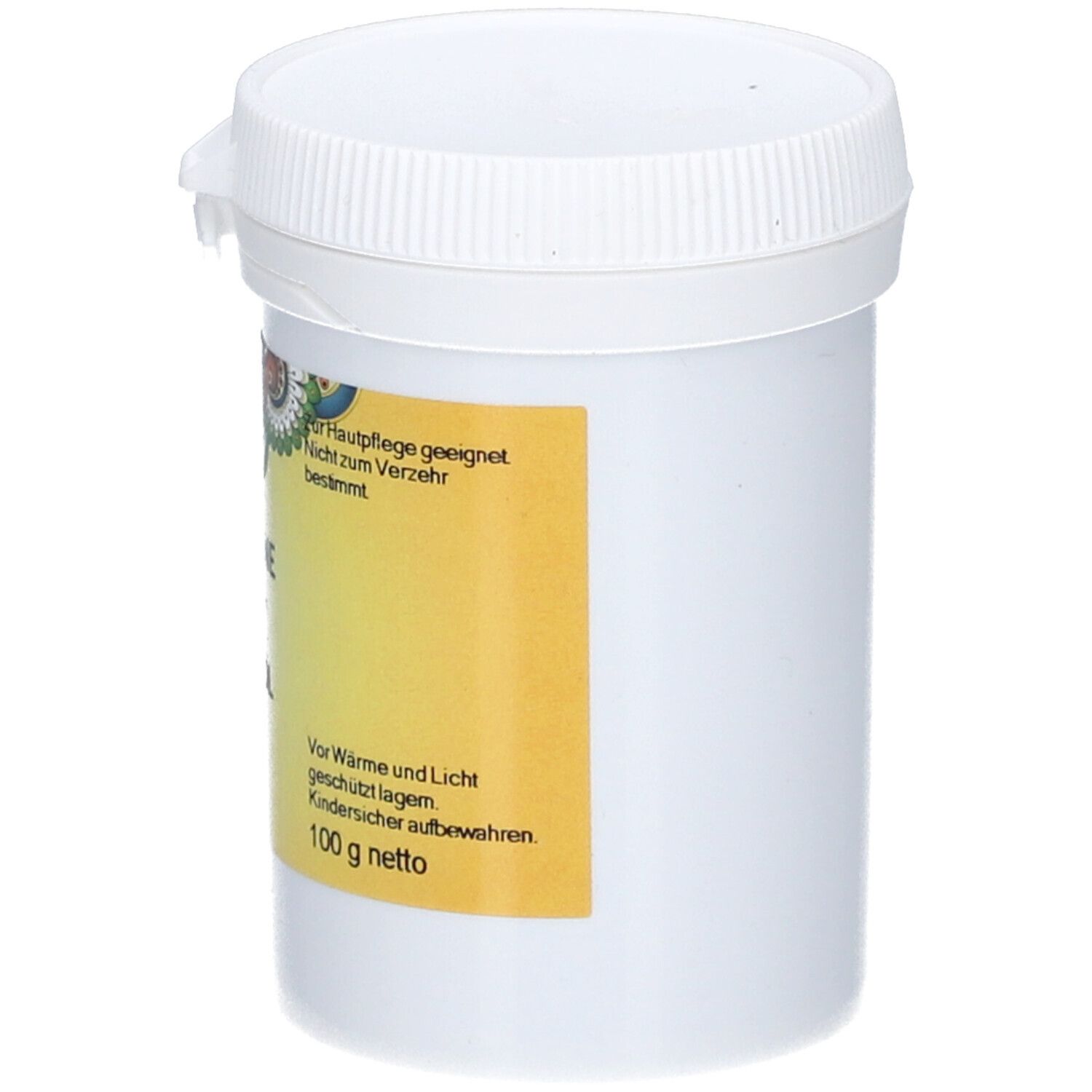 Weißer Tiegel mit Deckel. Aufkleber mit PRIMABENE Lorbeeröl, gelbem Hintergrund und Logo. Vegan-Siegel.