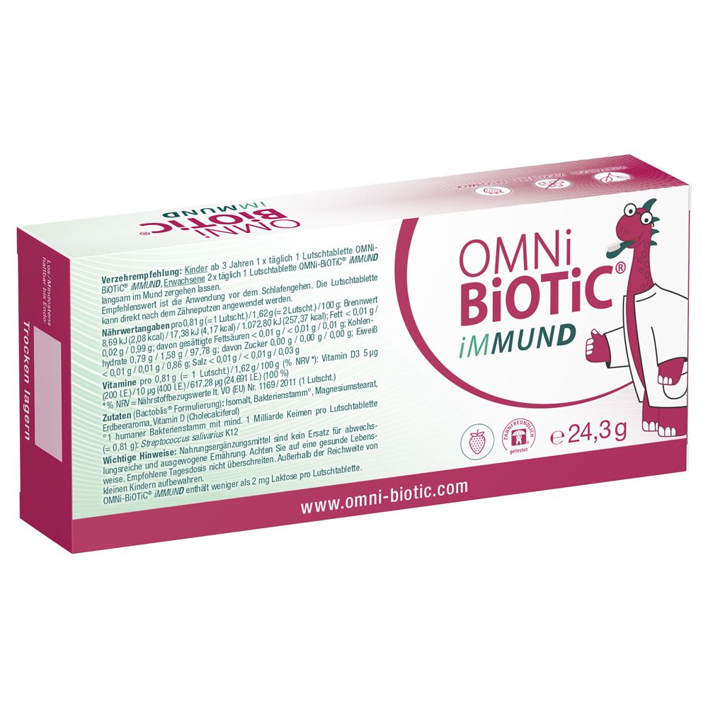 OMNi-BiOTiC® iMMUND Packung mit 30 Lutschtabletten, Erdbeergeschmack. Enthält Vitamin D.
