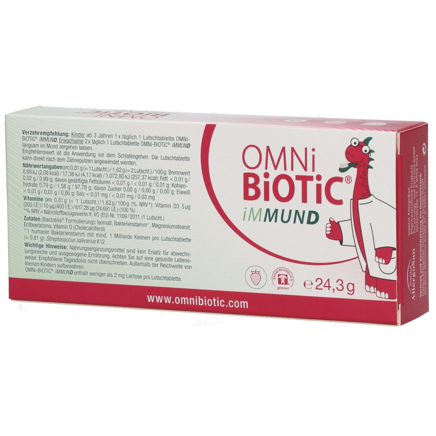 Karton OMNi-BiOTiC® iMMUND. Rote und weiße Verpackung mit Produktinformationen und Logo. Enthält Tabletten.