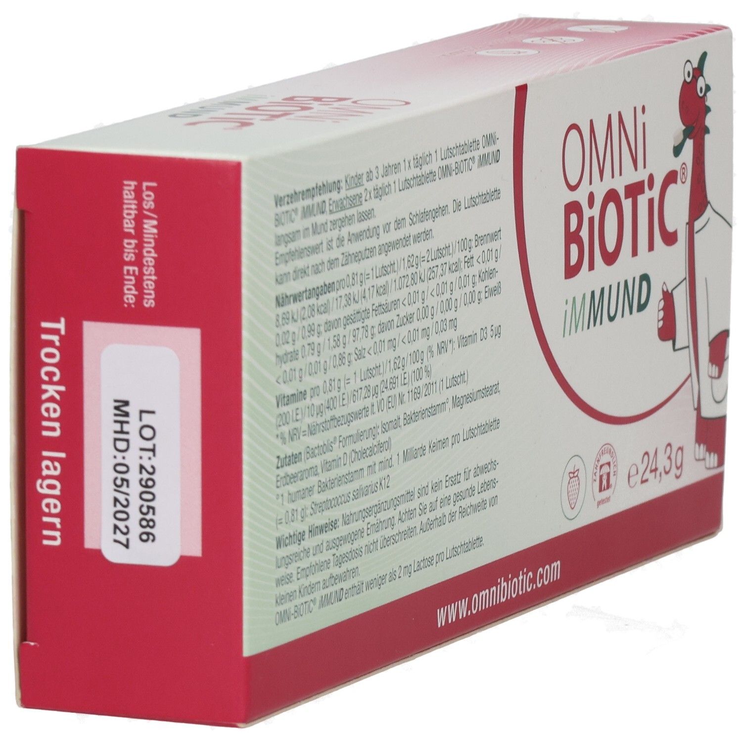 Rote und weiße OMNi-BiOTiC® iMMUND Verpackung. Rückseite mit Produktinformationen und Mindesthaltbarkeitsdatum.