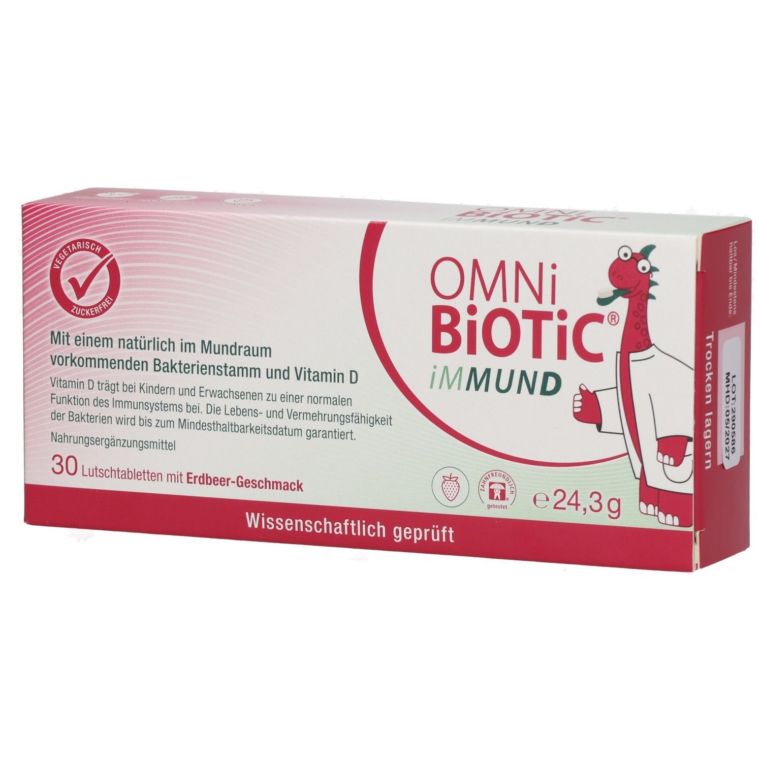 Karton OMNi-BiOTiC® iMMUND. Rote und weiße Verpackung mit Produktinformationen und Logo. 30 Lutschtabletten.