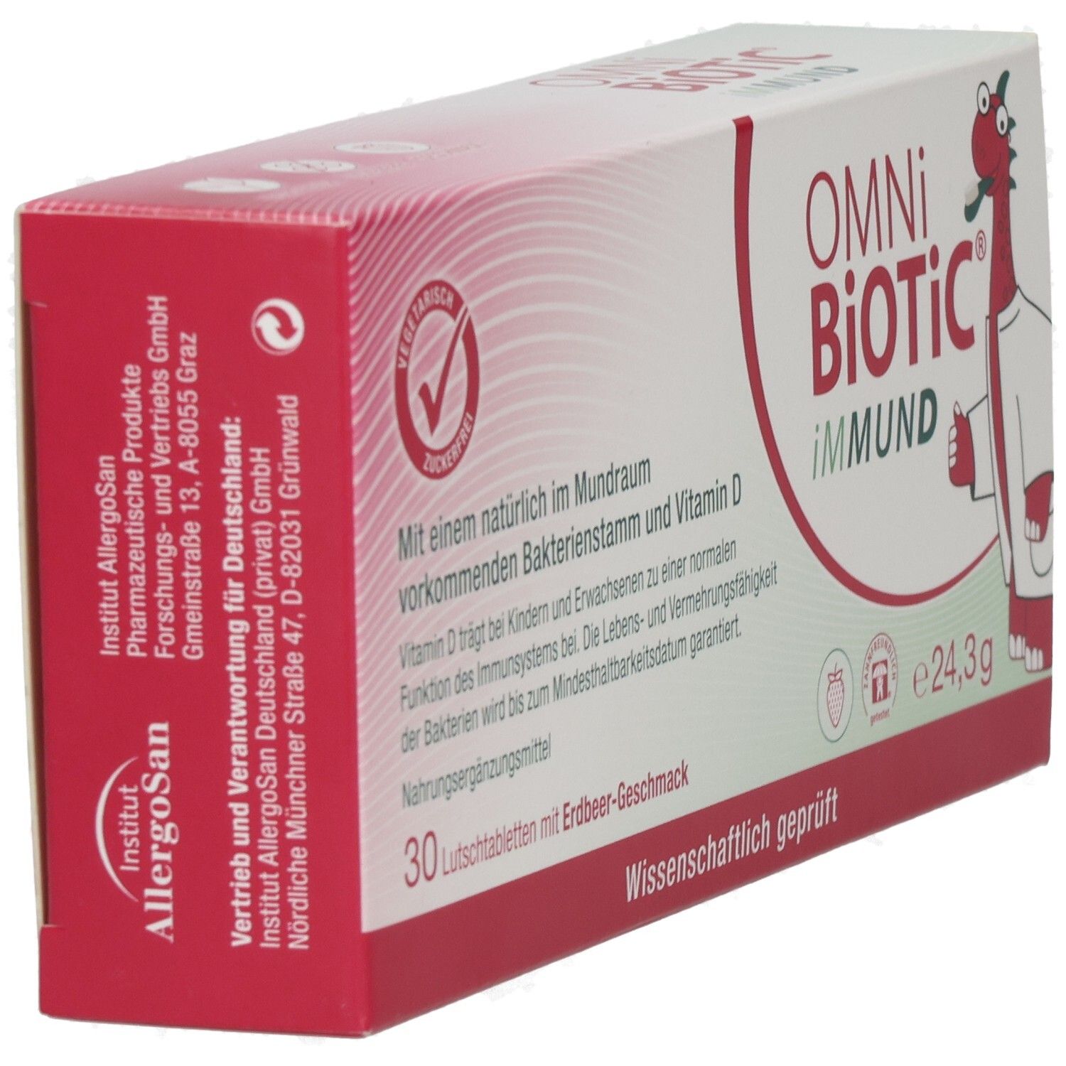 Karton OMNi-BiOTiC® iMMUND. Rote und weiße Verpackung mit Produktinformationen und Logo. 30 Lutschtabletten.