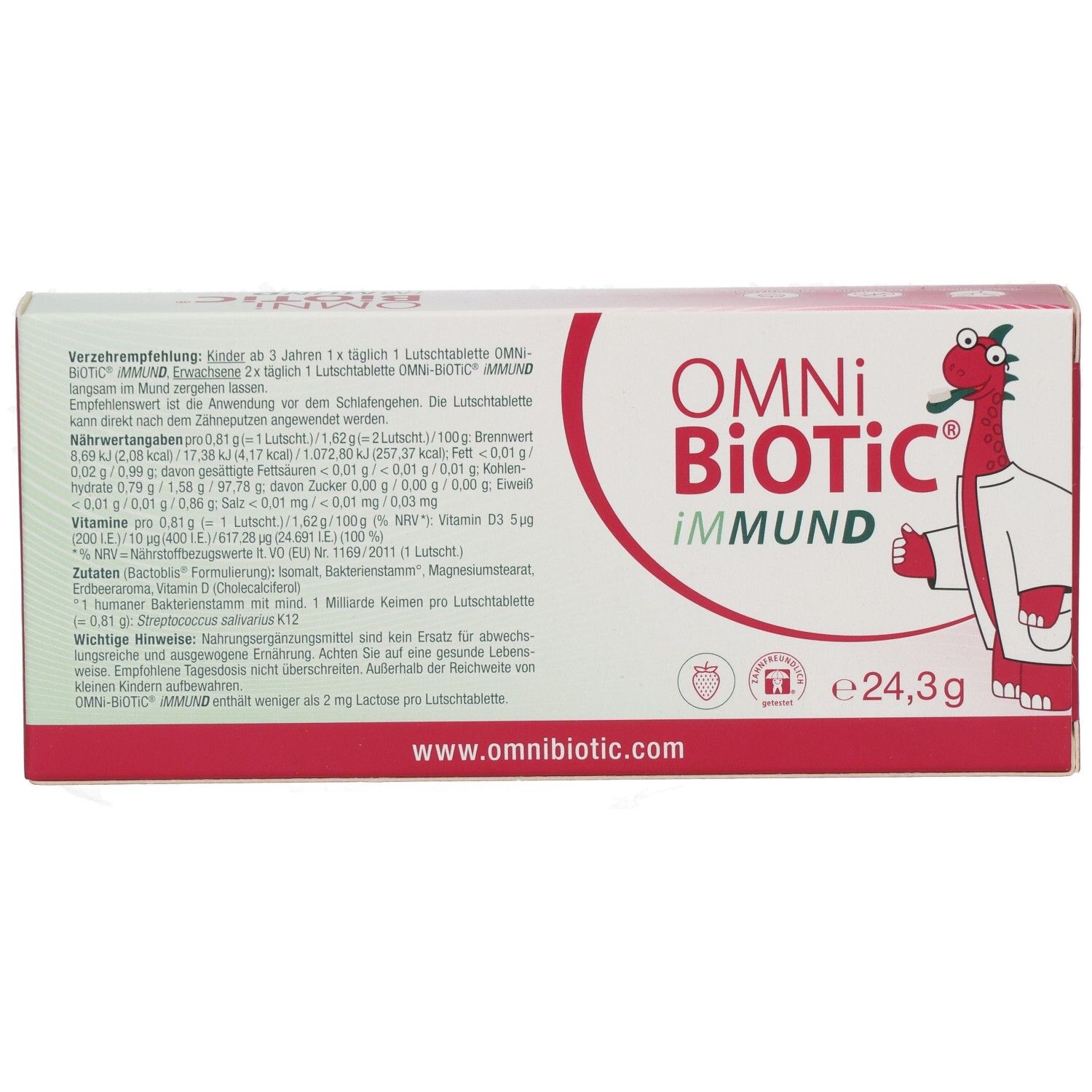 Karton OMNi-BiOTiC® iMMUND. Rote und weiße Verpackung mit Produktinformationen und Logo. 30 Lutschtabletten.