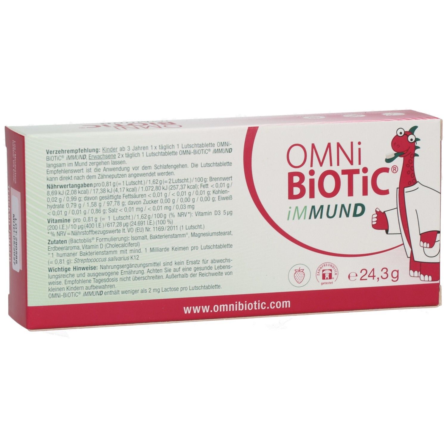 Karton OMNi-BiOTiC® iMMUND. Rote und weiße Verpackung mit Produktinformationen und Logo. 30 Lutschtabletten.