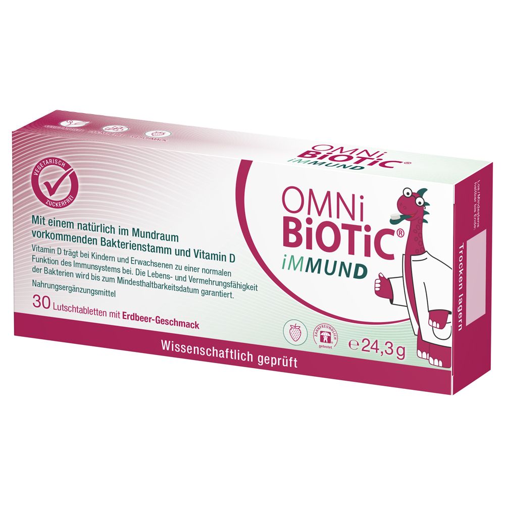 OMNi-BiOTiC® iMMUND Packung mit 30 Lutschtabletten, Erdbeergeschmack. Vegetarisch, zuckerfrei.