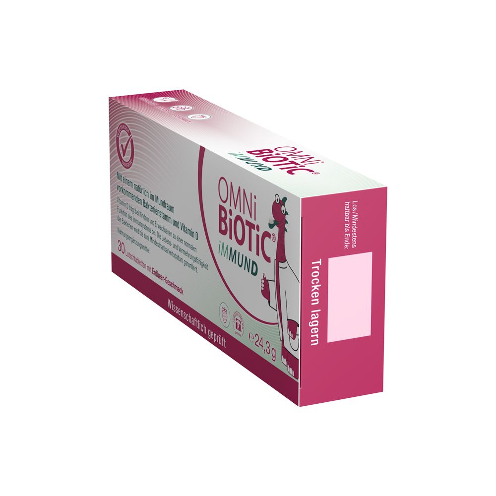 OMNi-BiOTiC® iMMUND Packung mit 30 Lutschtabletten, Erdbeergeschmack. Ansicht von der Seite.