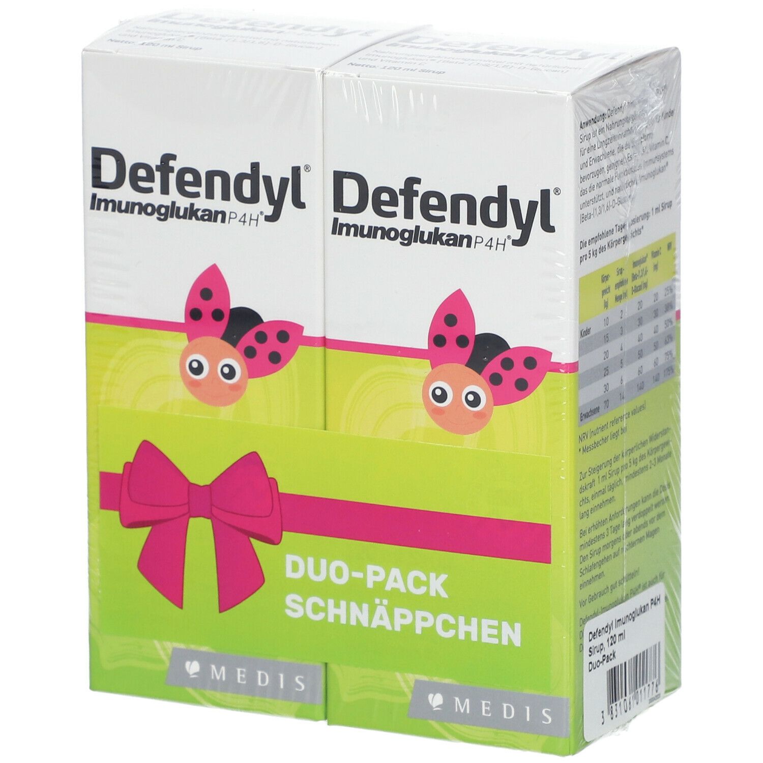 Duo-Pack Defendyl Imunoglukan P4H. Zwei Kartons mit rosa Schleife und Marienkäfer-Illustrationen.