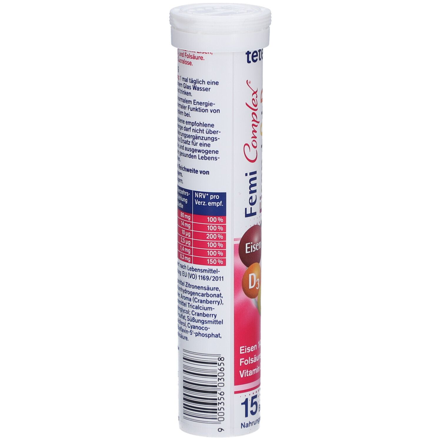 Brausetabletten-Tube. Aufschrift: Femi Complex. Enthält Eisen, Vitamin D3, Folsäure, Vitamin C. 15 Brausetabletten. Inhaltsstoffe.