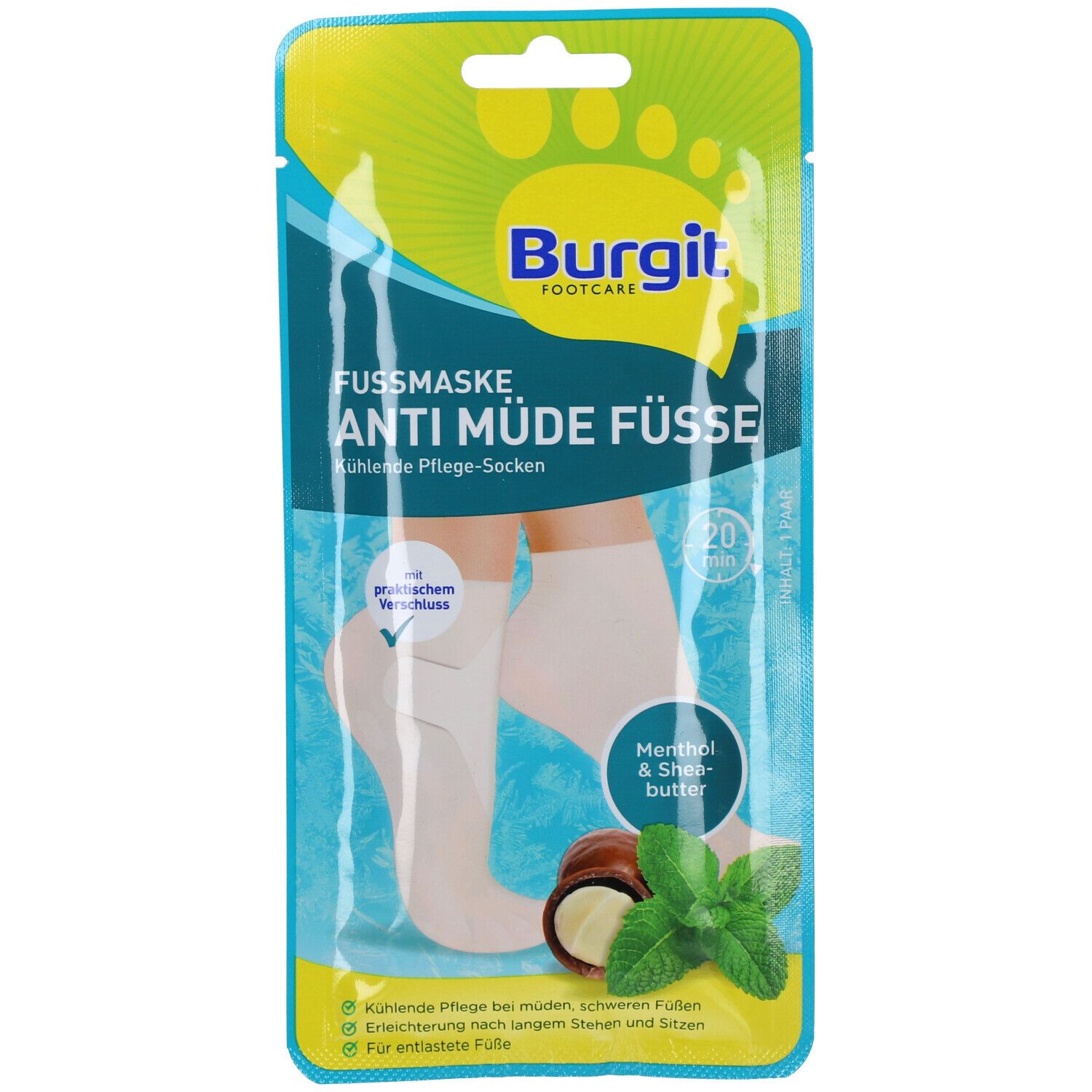 Fußmaske in Folienverpackung. Produktname und Schriftzug. Füße in Socken abgebildet. Kühlende Pflege-Socken.