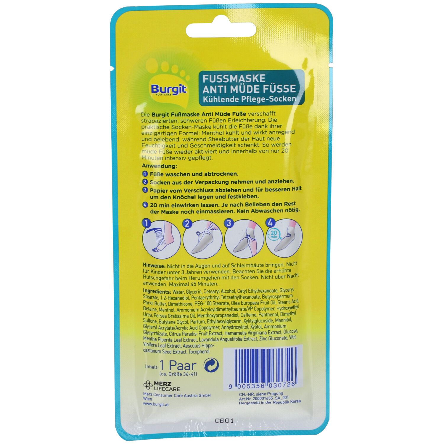 Rückseite der Fußmasken-Verpackung. Produktname und Text. Gebrauchsanweisung mit Piktogrammen. Inhaltsstoffe und Herstellerangaben.