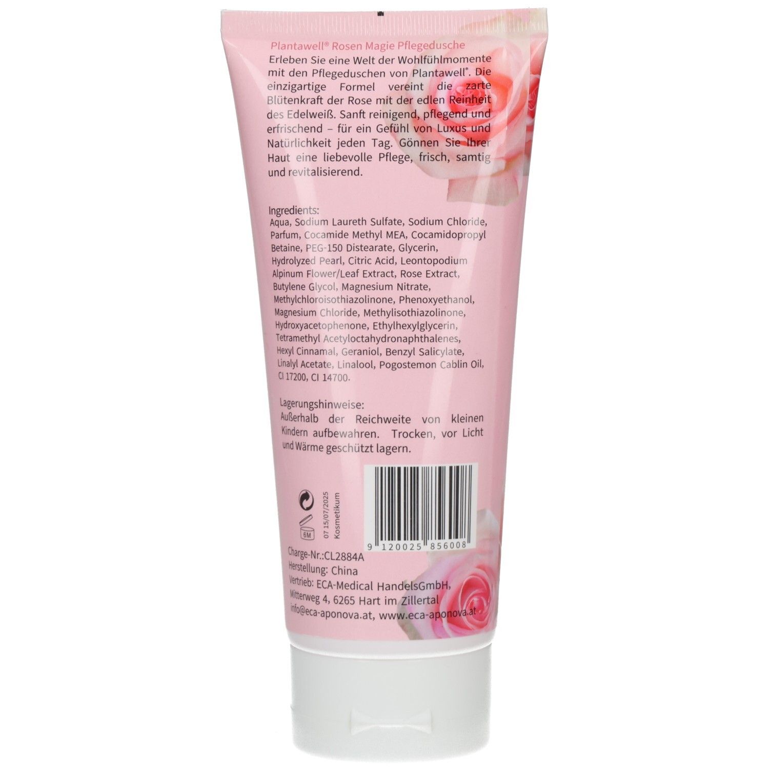 Rückseite der rosa Tube. Text: Inhaltsstoffe, Herstellerinformationen, Barcode. Marke Plantawell. Produkt: Pflegedusche Rosen Magie.