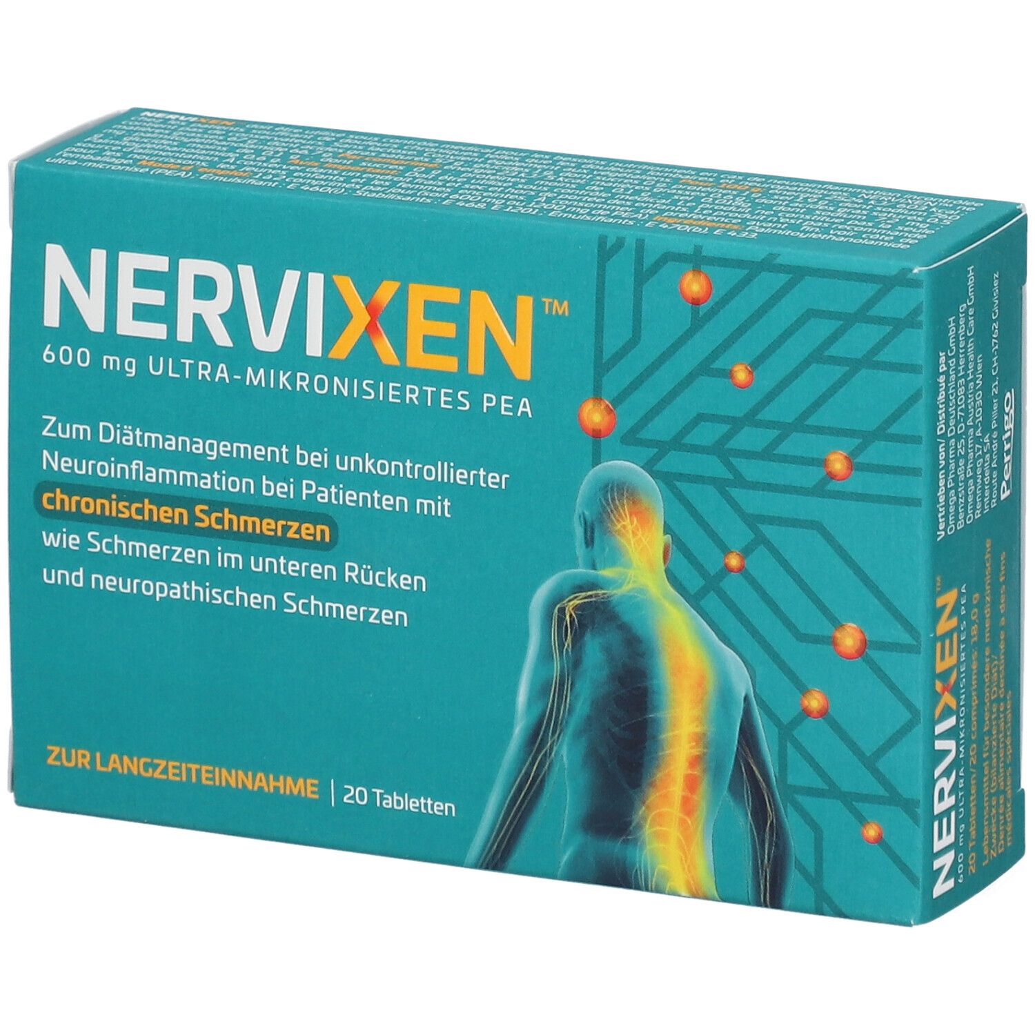 Schachtel mit Nervixen™ Tabletten. Aufschrift: 600 mg, ultra-mikronisiertes PEA. Für chronische Schmerzen. 20 Tabletten.