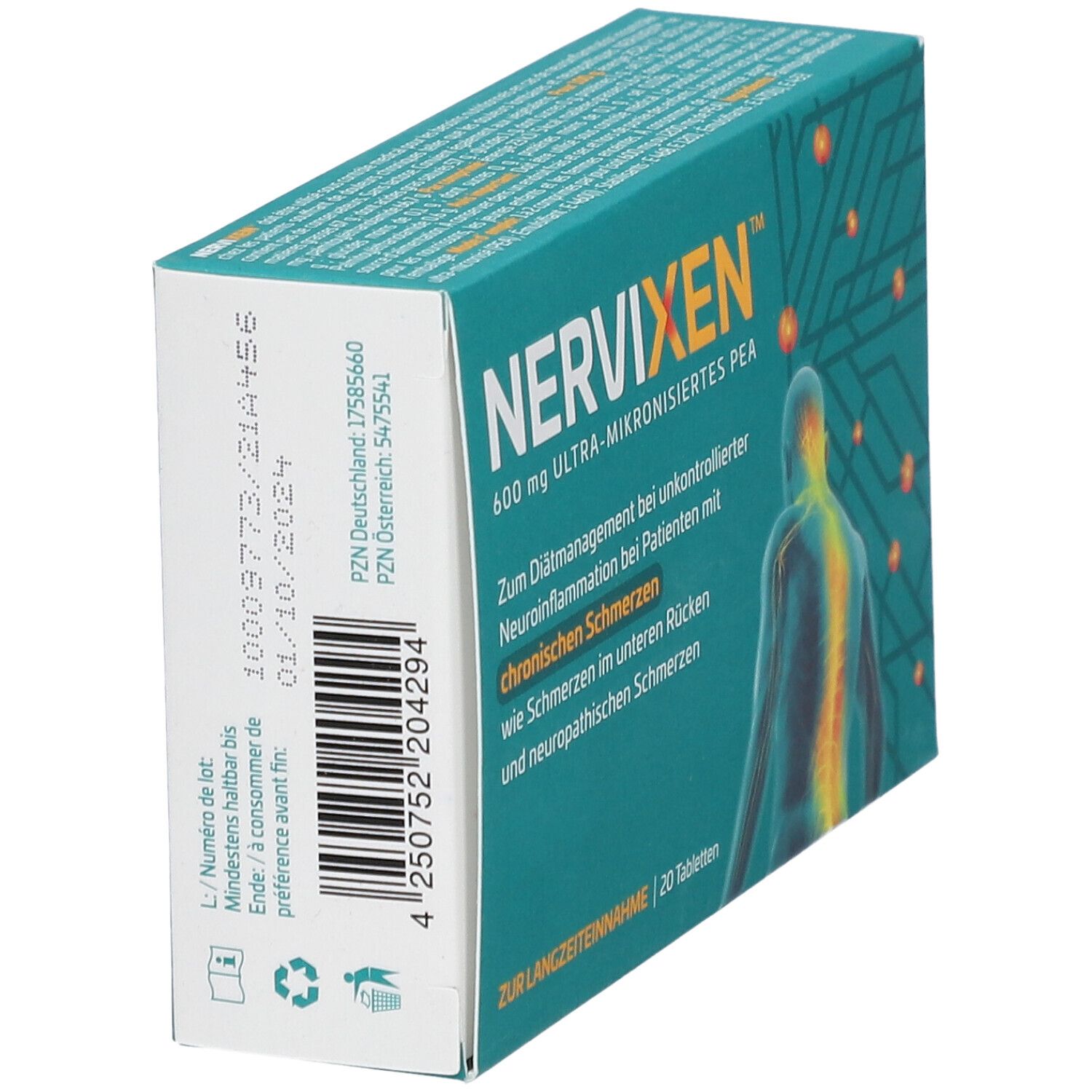 Schachtel Nervixen™ Tabletten, Seitenansicht. Aufschrift: 600 mg, ultra-mikronisiertes PEA. Mindestens haltbar bis 01/10/2024.