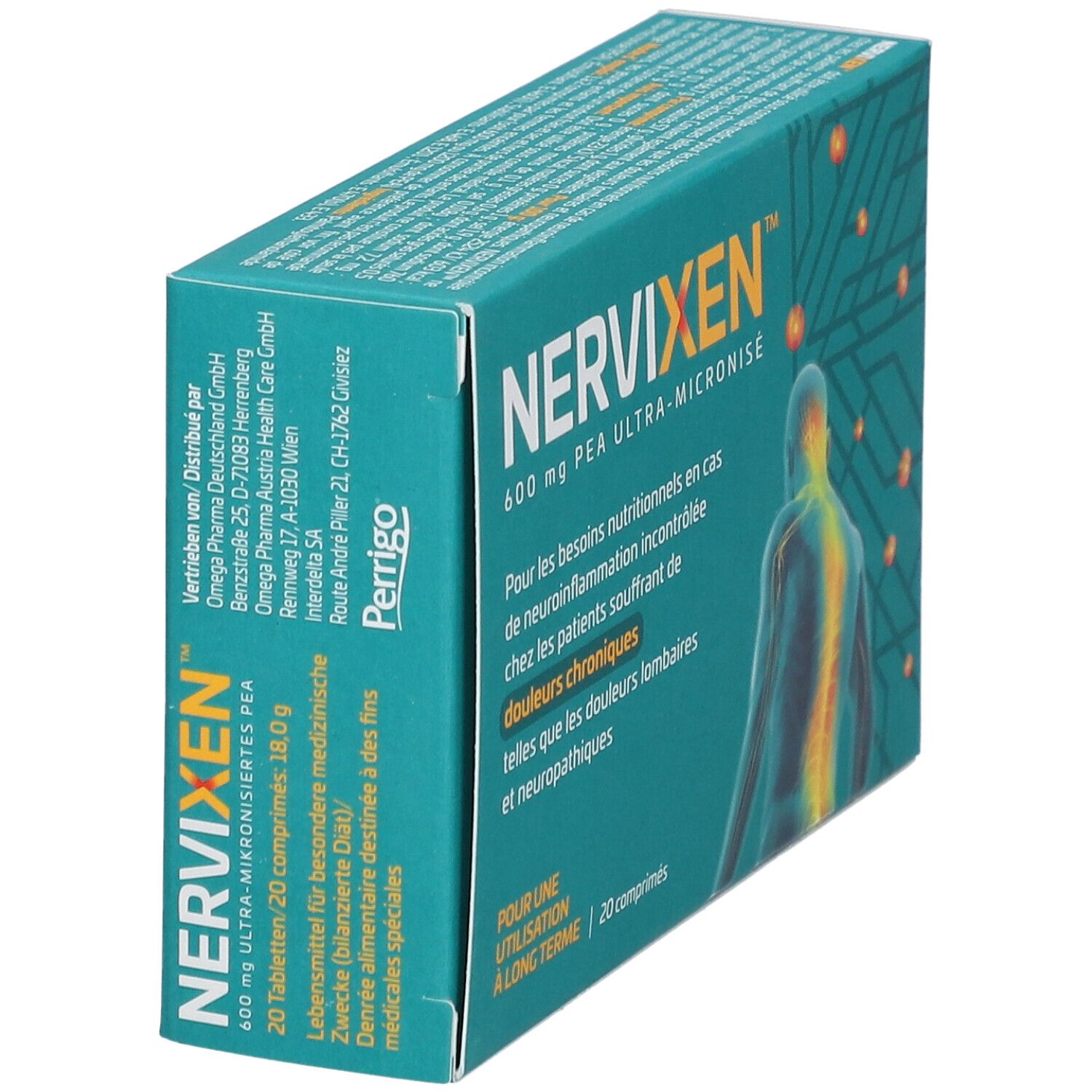 Schachtel Nervixen™ Tabletten, schräg. Aufschrift: 600 mg, ultra-mikronisiertes PEA. Für chronische Schmerzen. 20 Tabletten.
