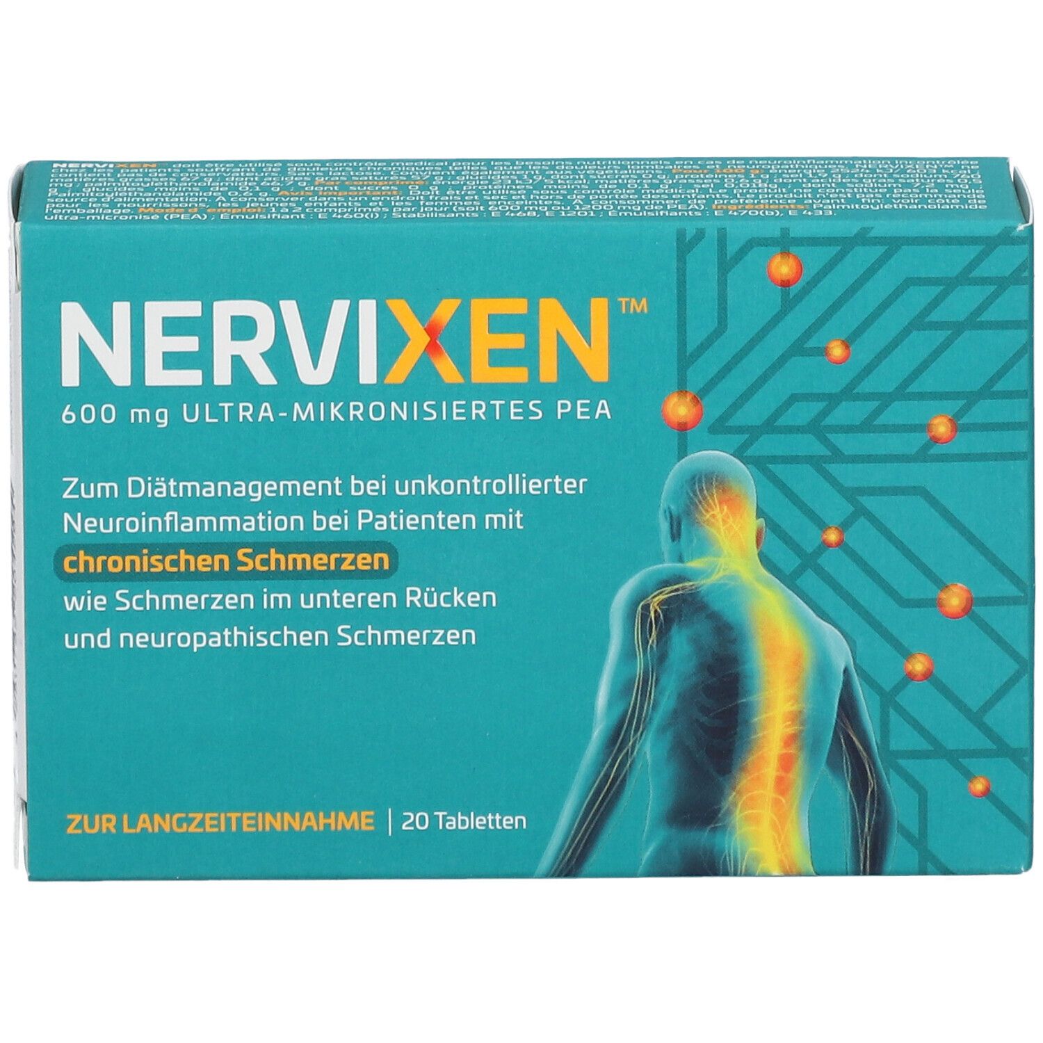 Schachtel Nervixen™ Tabletten. Aufschrift: 600 mg, ultra-mikronisiertes PEA. Für chronische Schmerzen. 20 Tabletten.