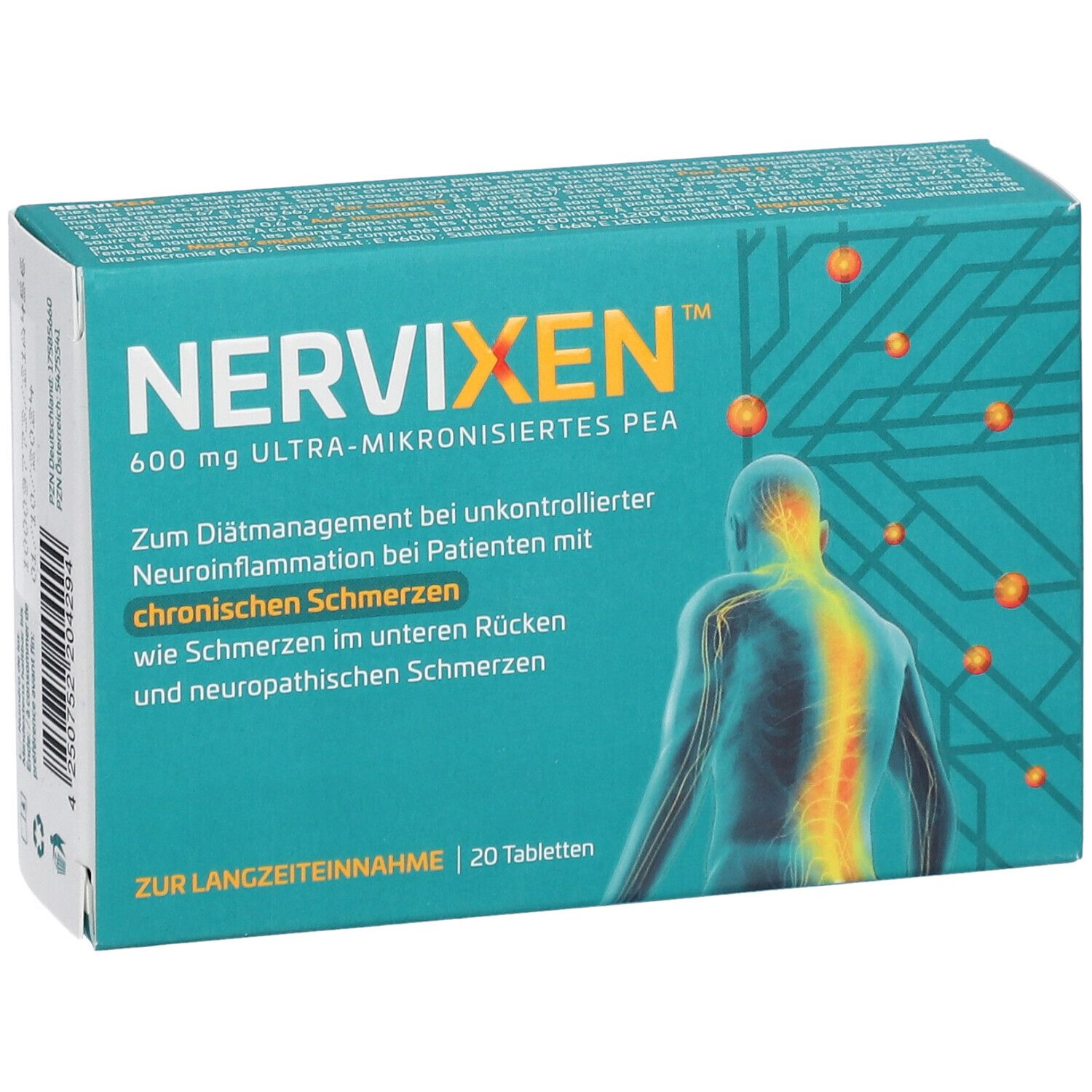 Schachtel Nervixen™ Tabletten. Aufschrift: 600 mg, ultra-mikronisiertes PEA. Für chronische Schmerzen. 20 Tabletten.