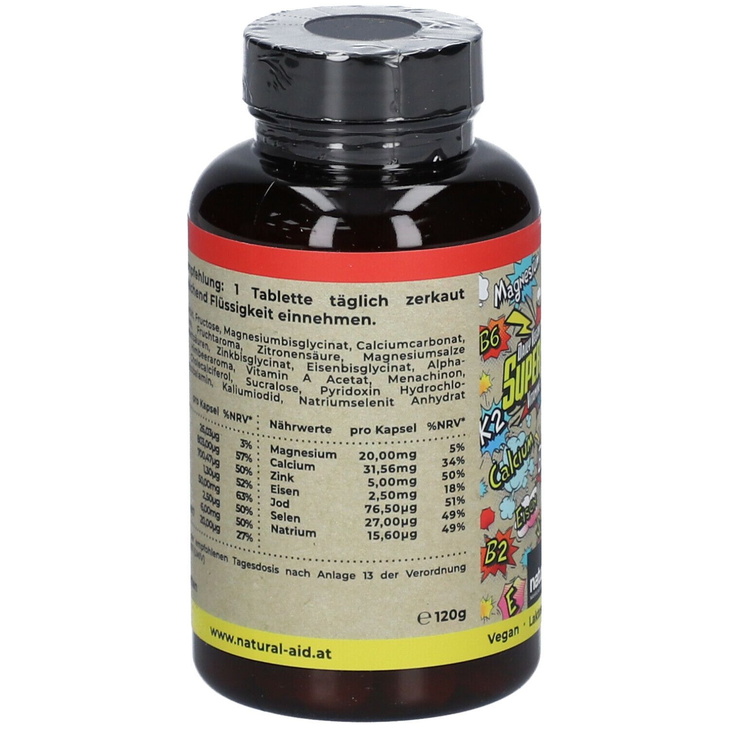 Braune Flasche mit Tabletten. Etikett mit Nährwertangaben und Inhaltsstoffen. Vegan-Siegel.