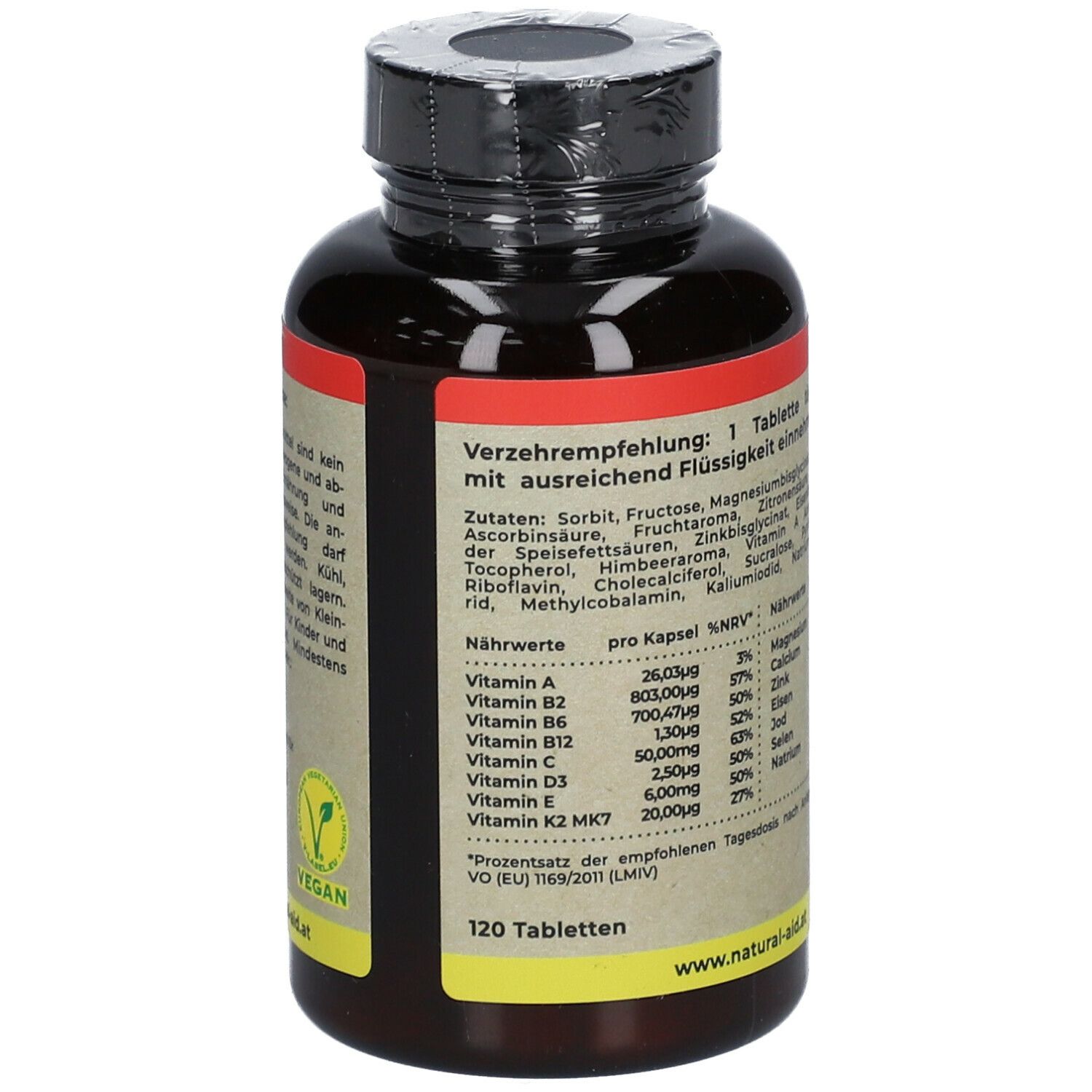 Braune Flasche mit Tabletten. Etikett mit Zutaten und Nährwertangaben. Vegan-Siegel.