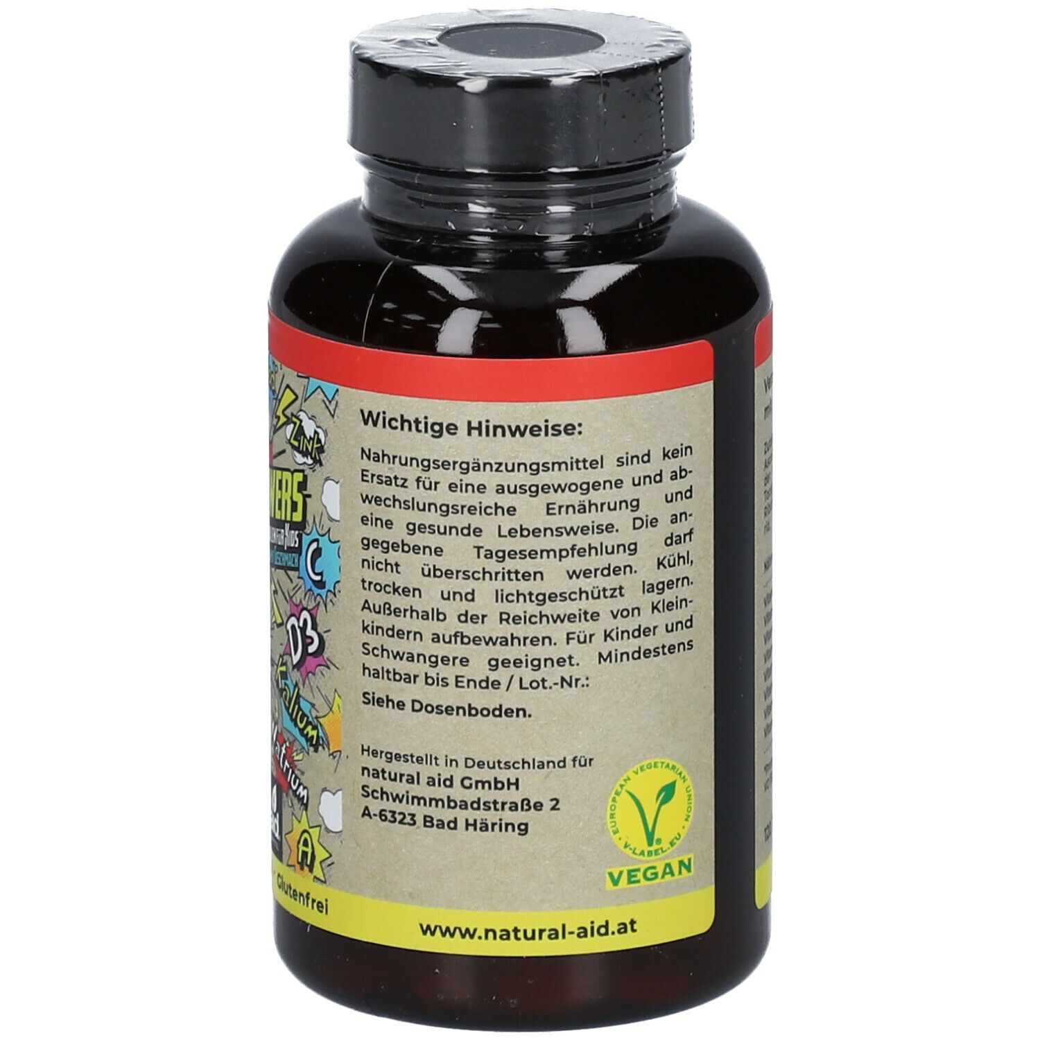 Braune Flasche mit Tabletten. Etikett mit Warnhinweisen und Vegan-Siegel. Hergestellt in Deutschland.