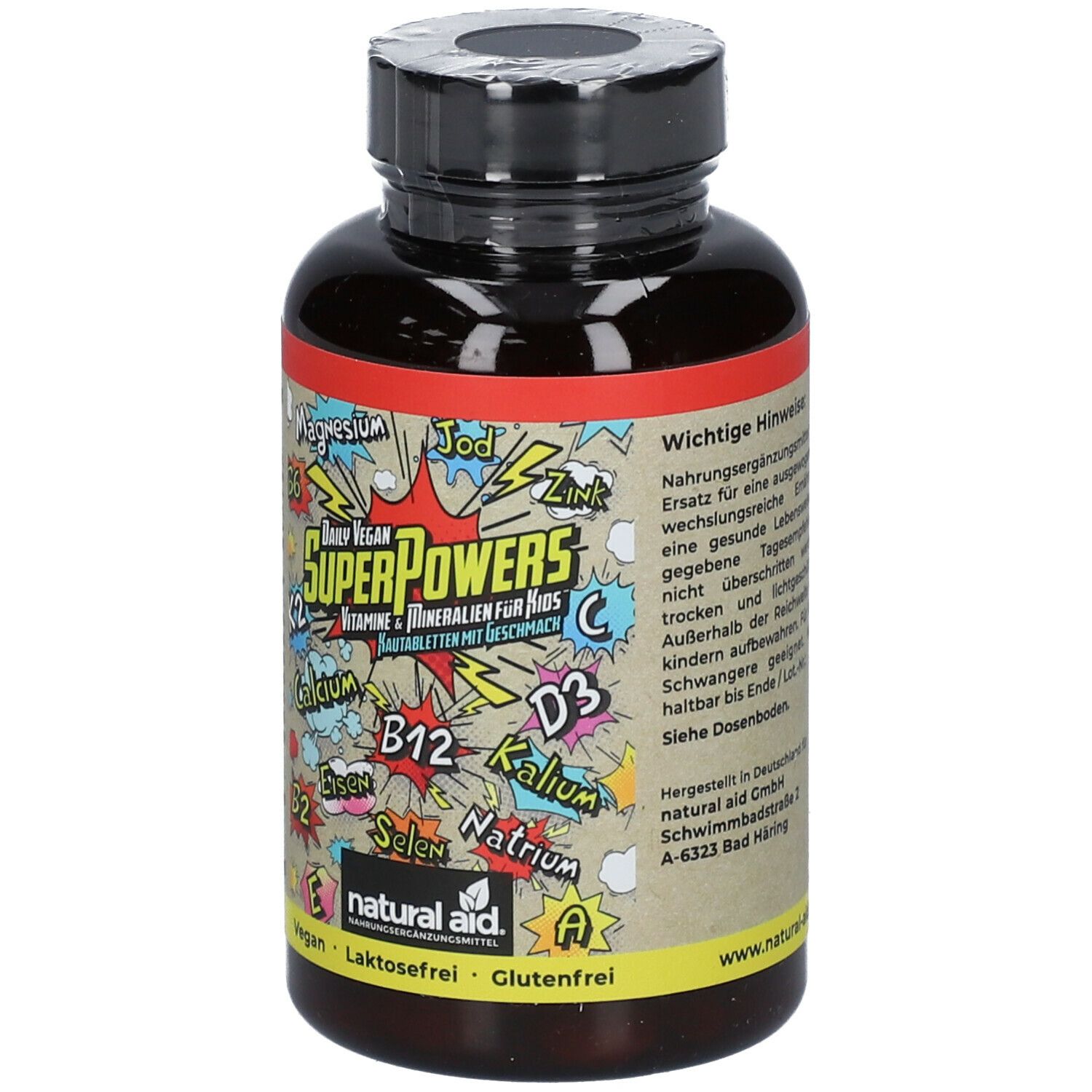 Braune Flasche mit Tabletten. Etikett mit Produktnamen, Vitaminen und Mineralien. Vegan-Siegel.