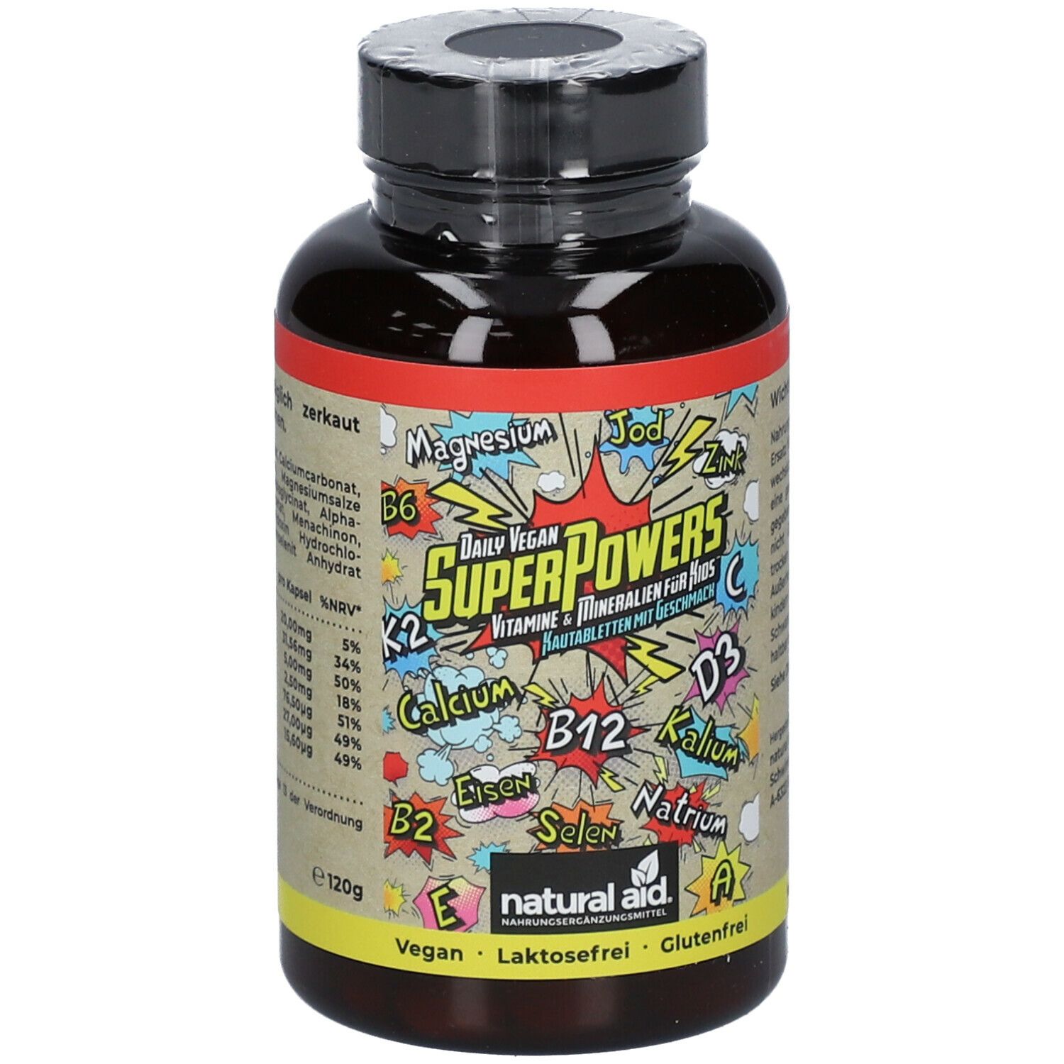 Braune Flasche mit Tabletten. Etikett mit Produktnamen, Vitaminen und Mineralien. Vegan-Siegel.