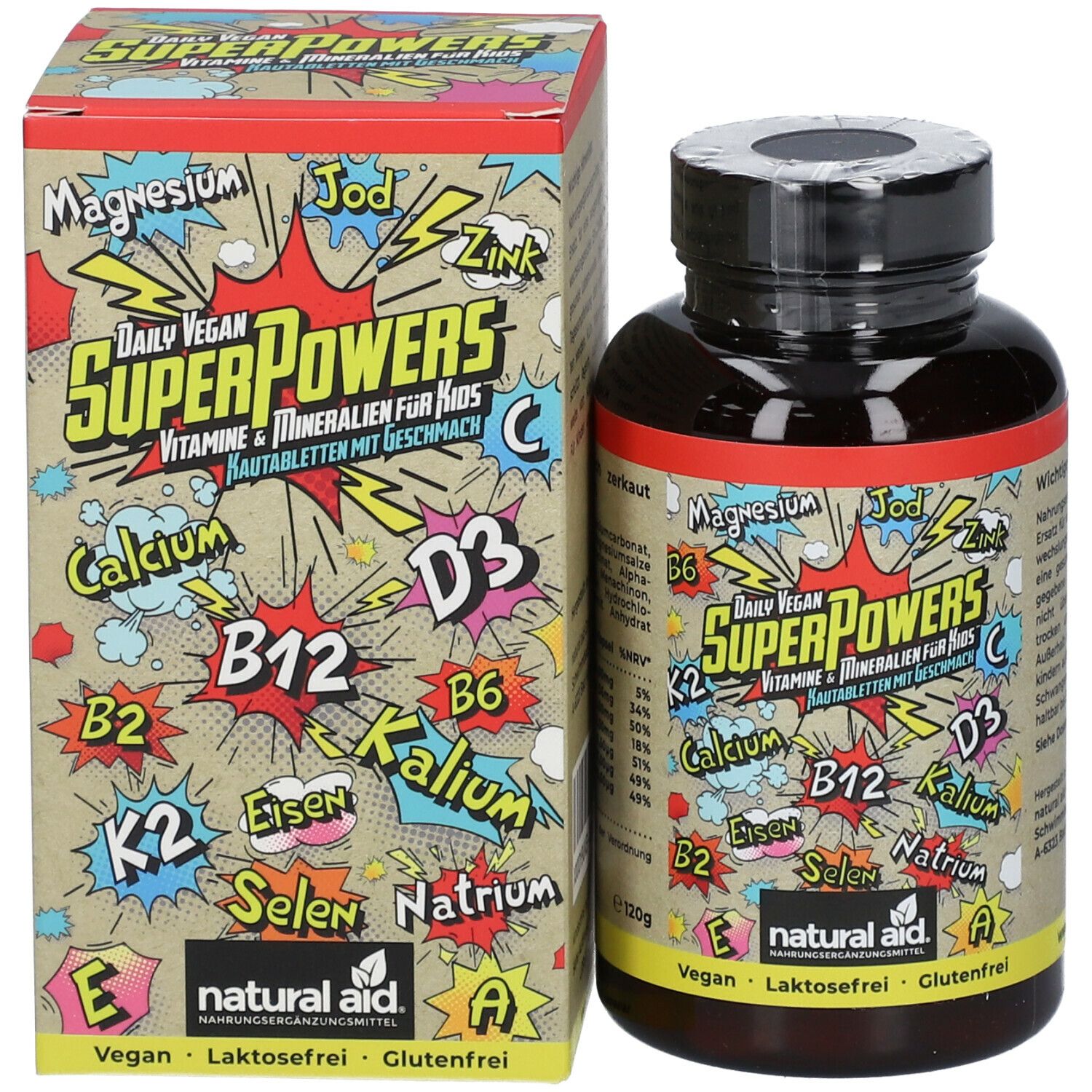 Produktverpackung mit Flasche und Karton. Produktname, Vitamine und Mineralien. Vegan-Siegel.